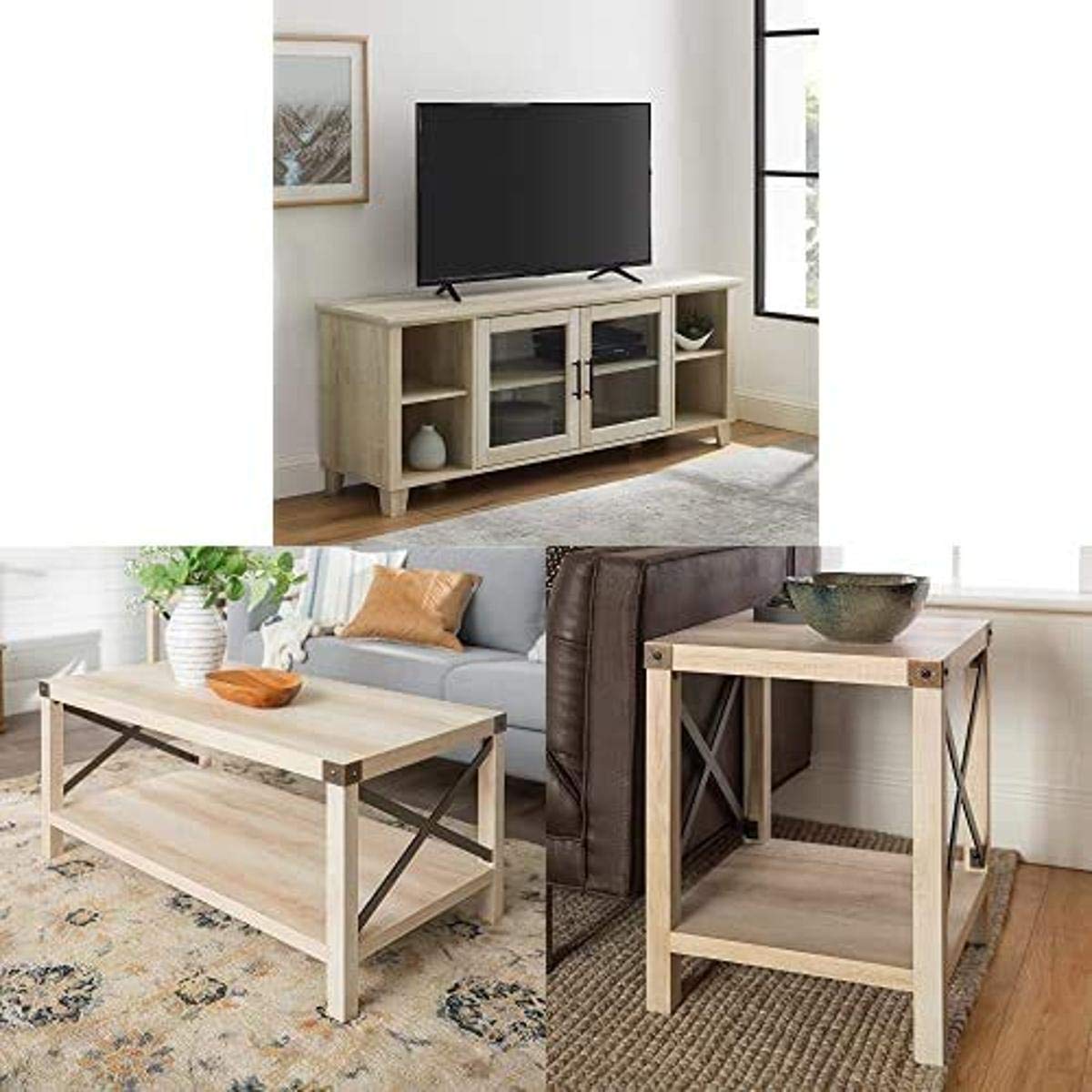 Farmhouse TV Stand with Cabinet Doors & Coffee Table - Living Room Storage Ottoman & End Table for Small Spaces