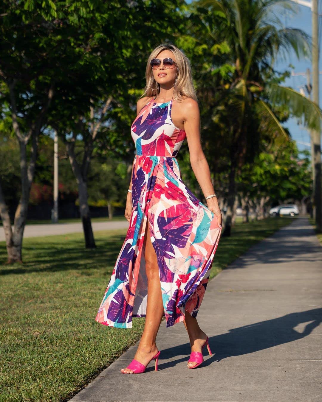 KILIG Women's Summer Maxi Dress 2025 - Casual Sleeveless Floral Sundress with Side Slit, Flowy Long Beach Dress for Vacation, Pool Party & Outdoor Date Night