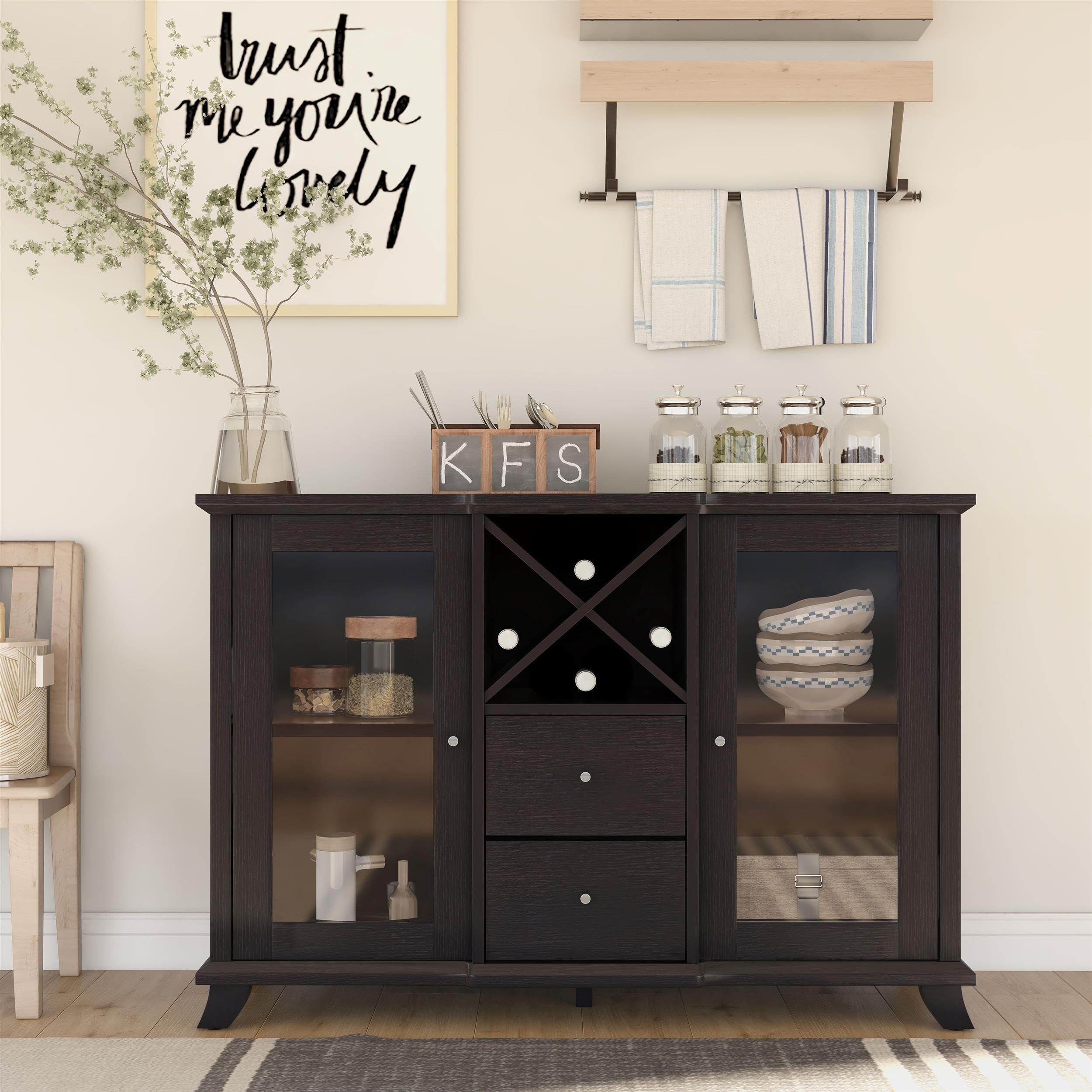 Furniture of America Anglex Wood Buffet with Wine Rack - Cappuccino Finish Sideboard for Dining Room, Kitchen Storage & Home Decor