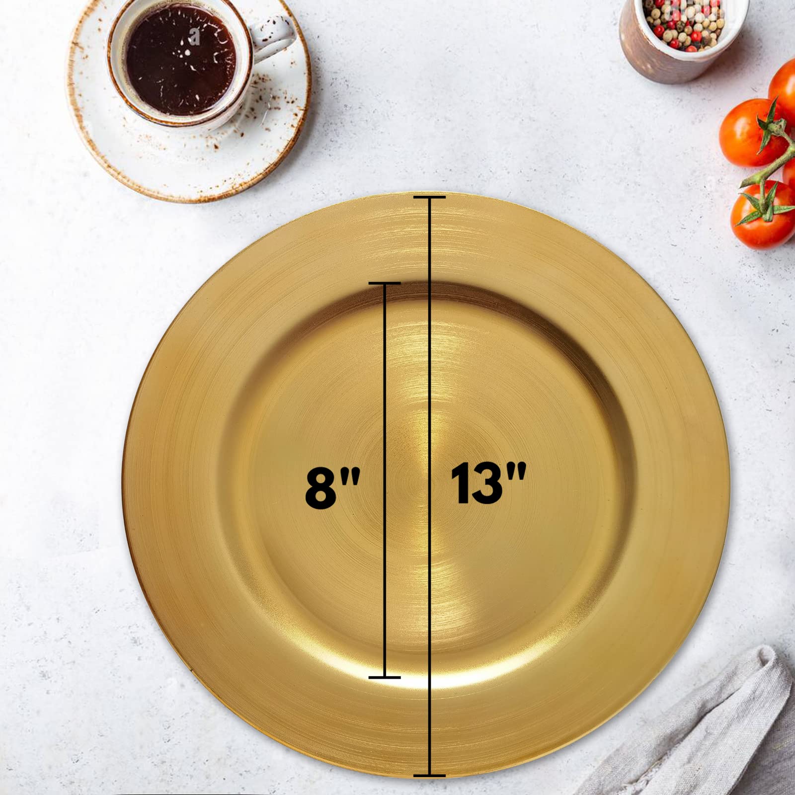 13 Inch Round Plastic Charger Plates Set of 8 - Elegant Gold Metallic Foil Dinner Plates for Wedding, Party, Banquet & Special Events - Perfect for Formal Dining, Buffet Service & Table Decorations