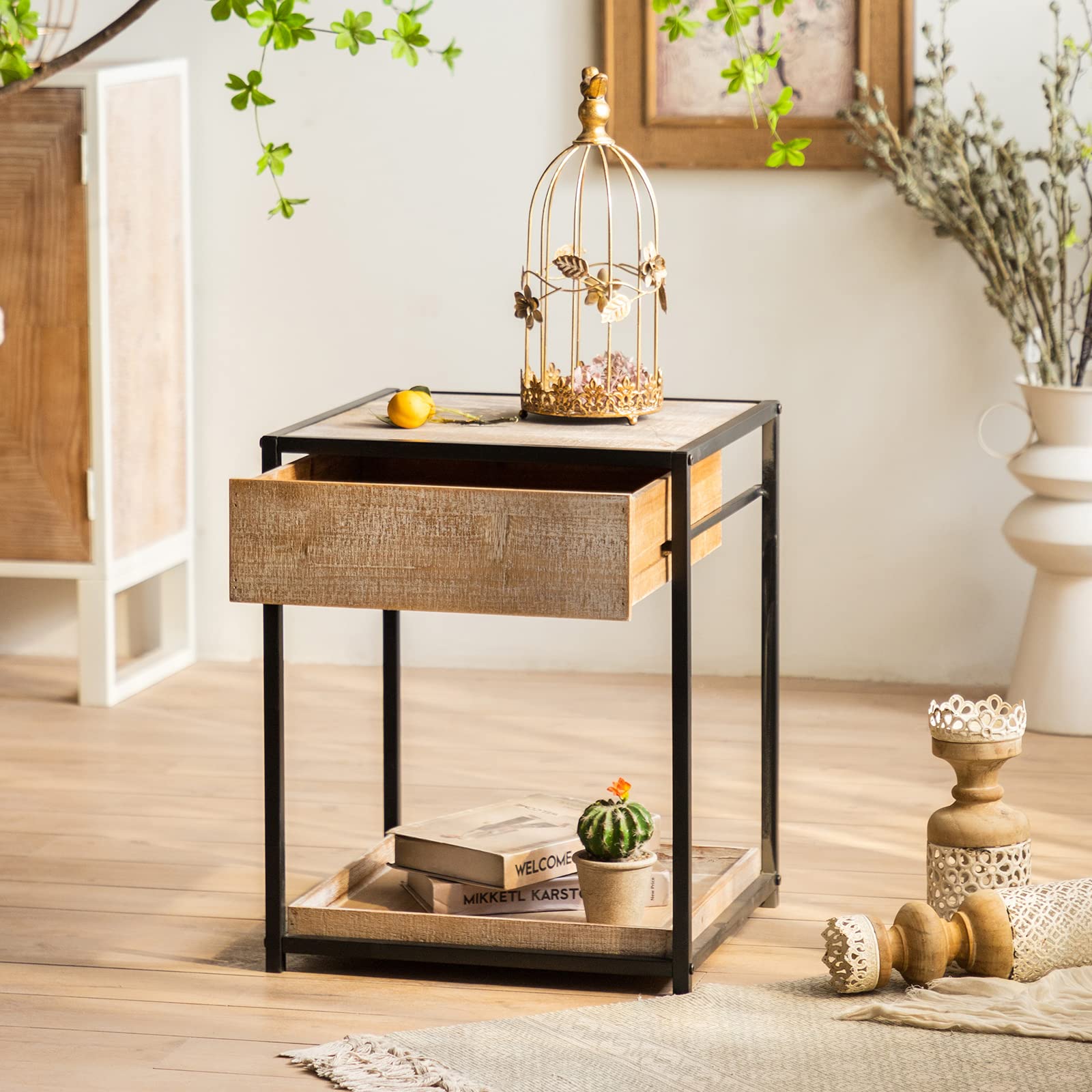 2-Tier Industrial Square End Table with Mesh Shelf - 20