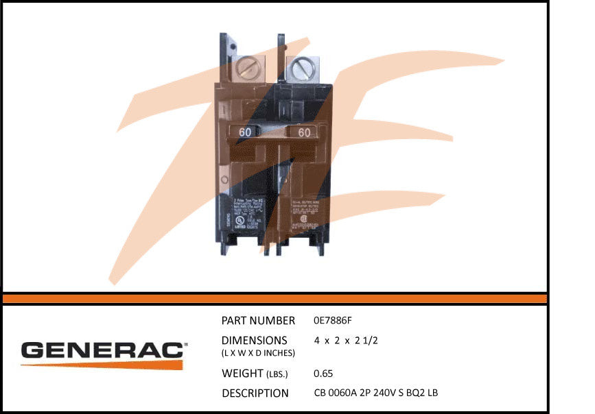 Generac 0E7886F 60A 2-Pole 240V Circuit Breaker - Reliable Power Protection for Home & Commercial Electrical Panels