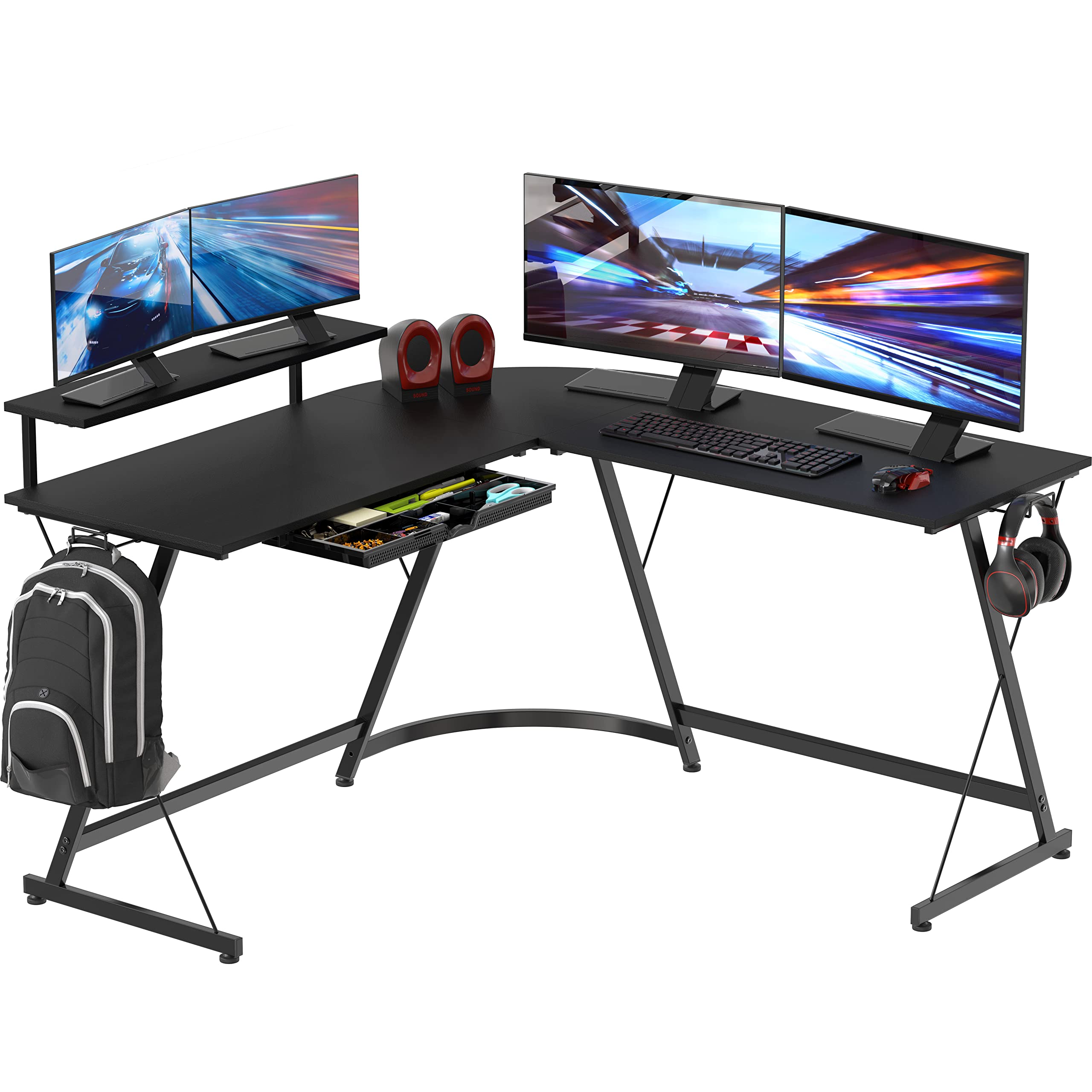 SHW Vista L-Shape Computer Desk with Monitor Stand - Black Home Office Desk for Gaming & Work, Ergonomic Study Desk for Small Spaces, Perfect for PC Setup & Remote Work
