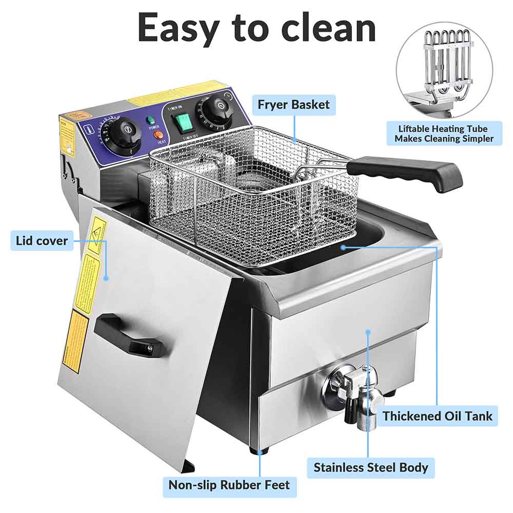 Commercial Deep Fryer 1500W with Oil Drain - 11.7L/3.1Gal Large Capacity for Restaurants & Catering - Perfect for Fried Chicken, French Fries, and Seafood