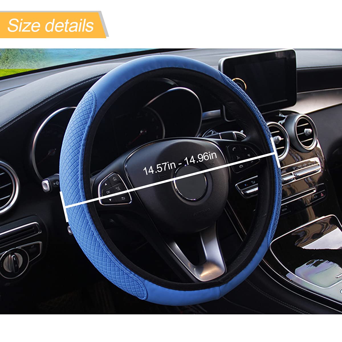 Premium Leather Car Steering Wheel Cover - Elastic, Breathable & Anti-Slip Universal 15 Inch - Comfort Grip for Men & Women (Blue) - Perfect for Daily Commute, Road Trips & Hot Weather Driving