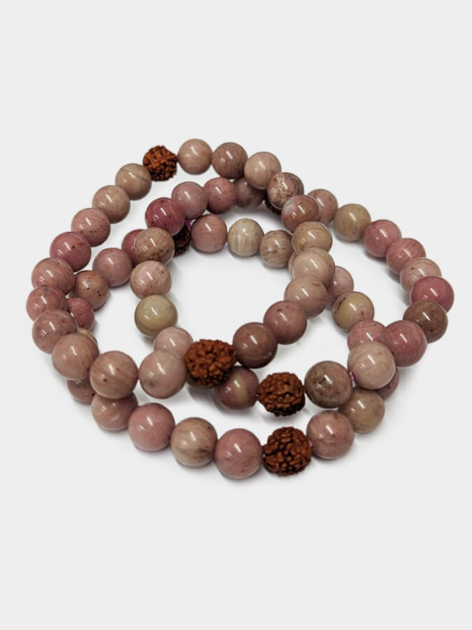 Authentic Rhodochrosite Stone & Rudraksha Mala Bead Yoga Bracelet - Handmade Meditation Jewelry for Yoga, Chakra Healing & Spiritual Practice - Perfect for Yoga Studios, Meditation & Mindfulness Gifts