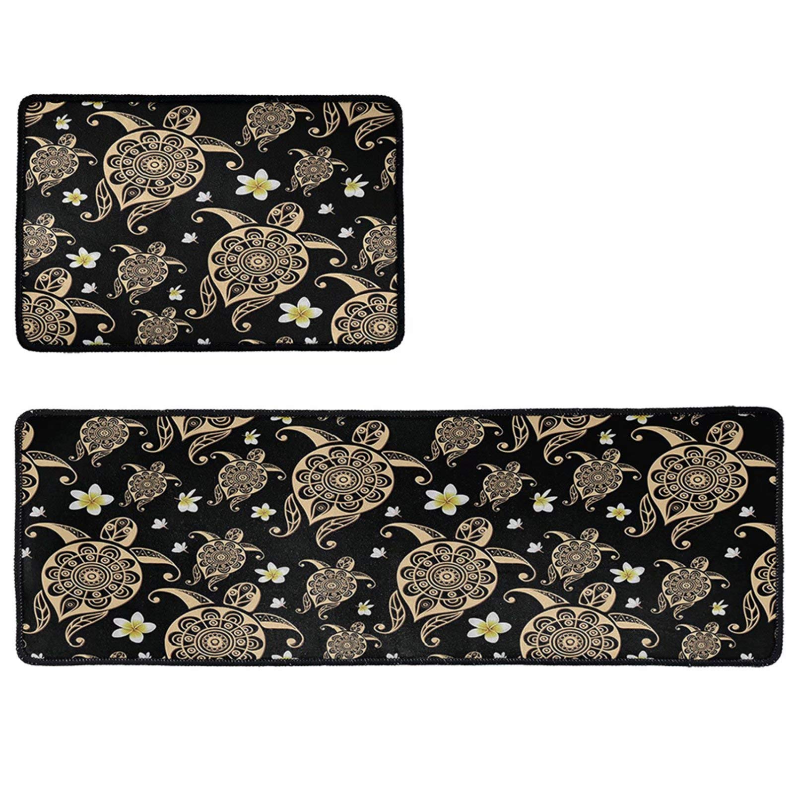 **Forchrinse Tribal Sea Turtle Hawaiian Plumeria Flower Non-Slip Kitchen Rug Set - 2 Piece Comfort Floor Mats & Runner for Bathroom, Laundry Room, or Entryway**