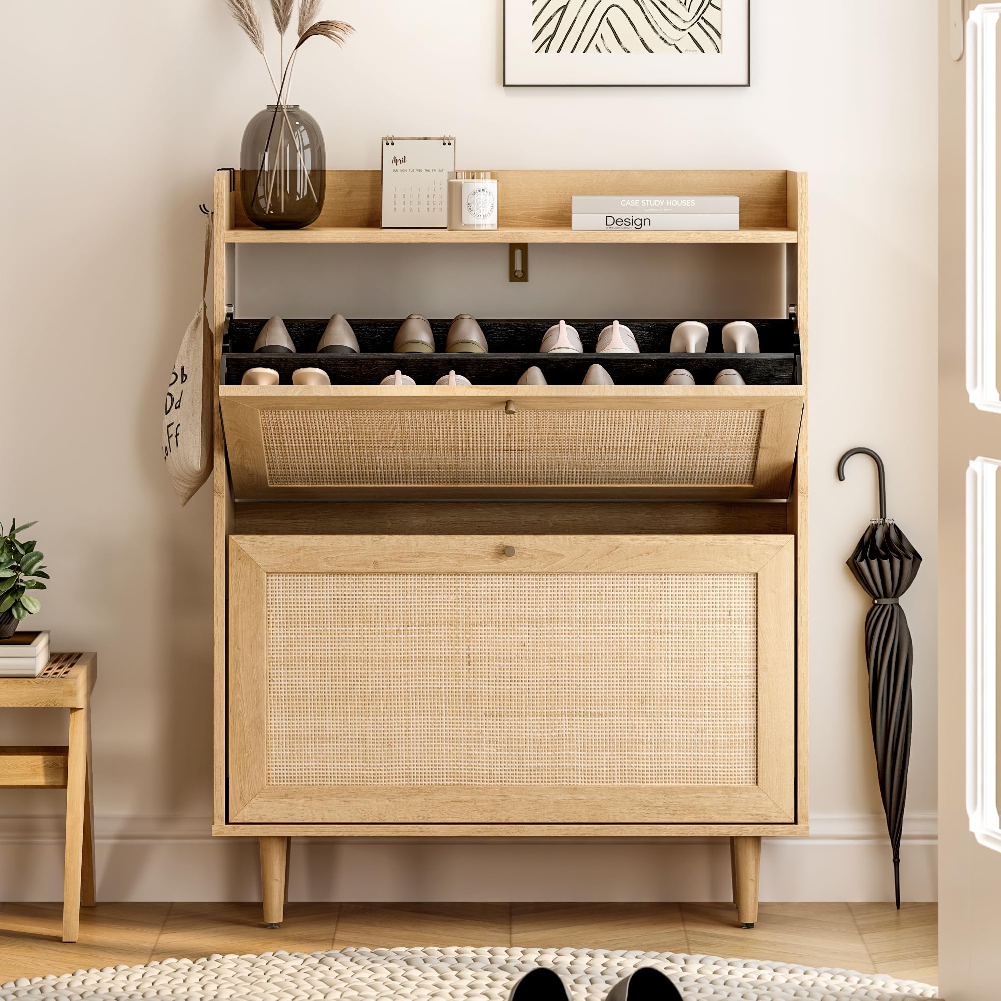 Farmhouse Rattan Shoe Cabinet with 2 Flip Drawers - Slim Narrow Wooden Shoe Organizer for Entryway & Hallway - Natural Oak Finish - Perfect for Small Spaces, Apartments & Boho Home Decor
