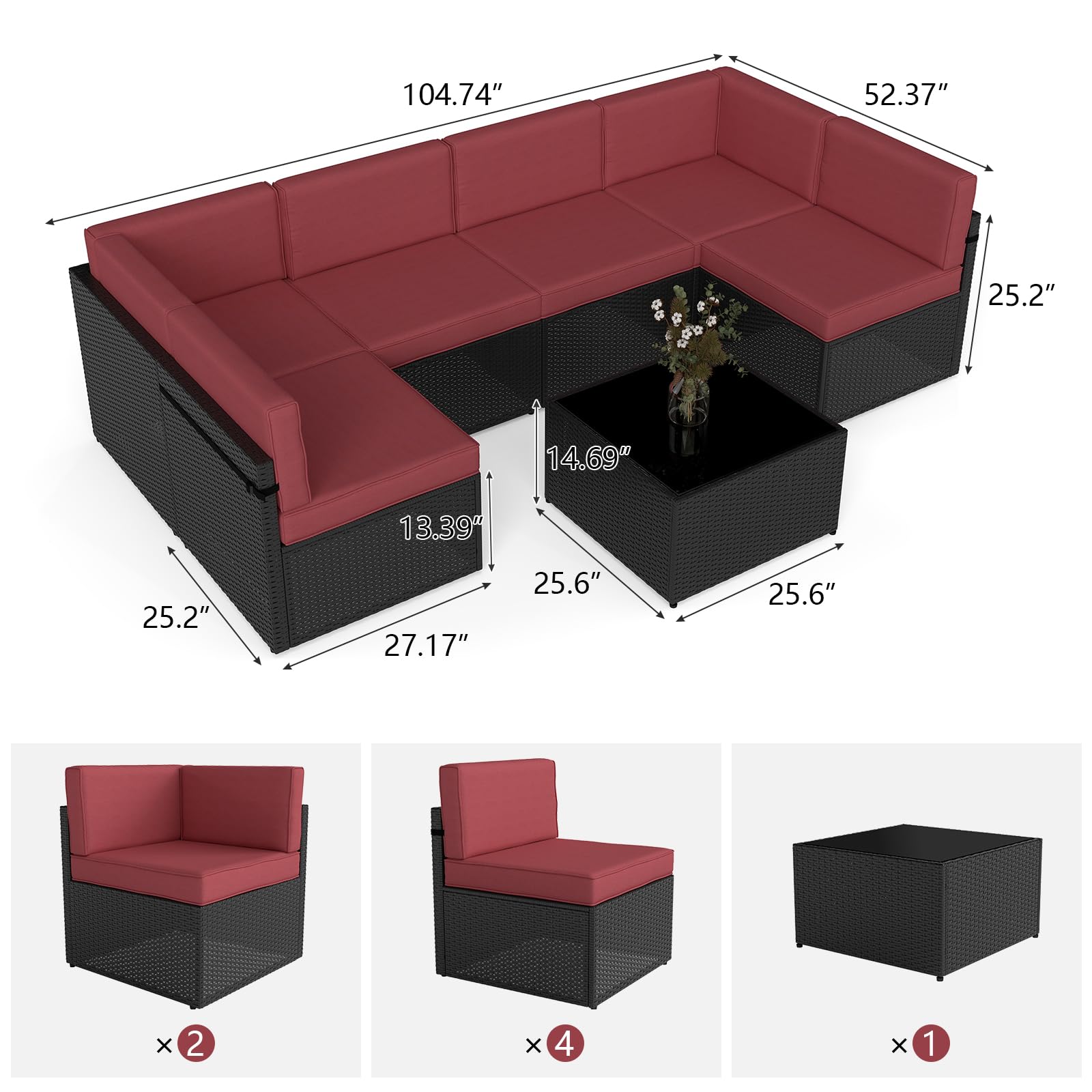 JSUN7 7-Piece Outdoor Patio Furniture Set - PE Rattan Wicker Sofa with Washable Cushions & Glass Coffee Table in Wine Red - Perfect for Garden, Backyard, and Poolside Relaxation