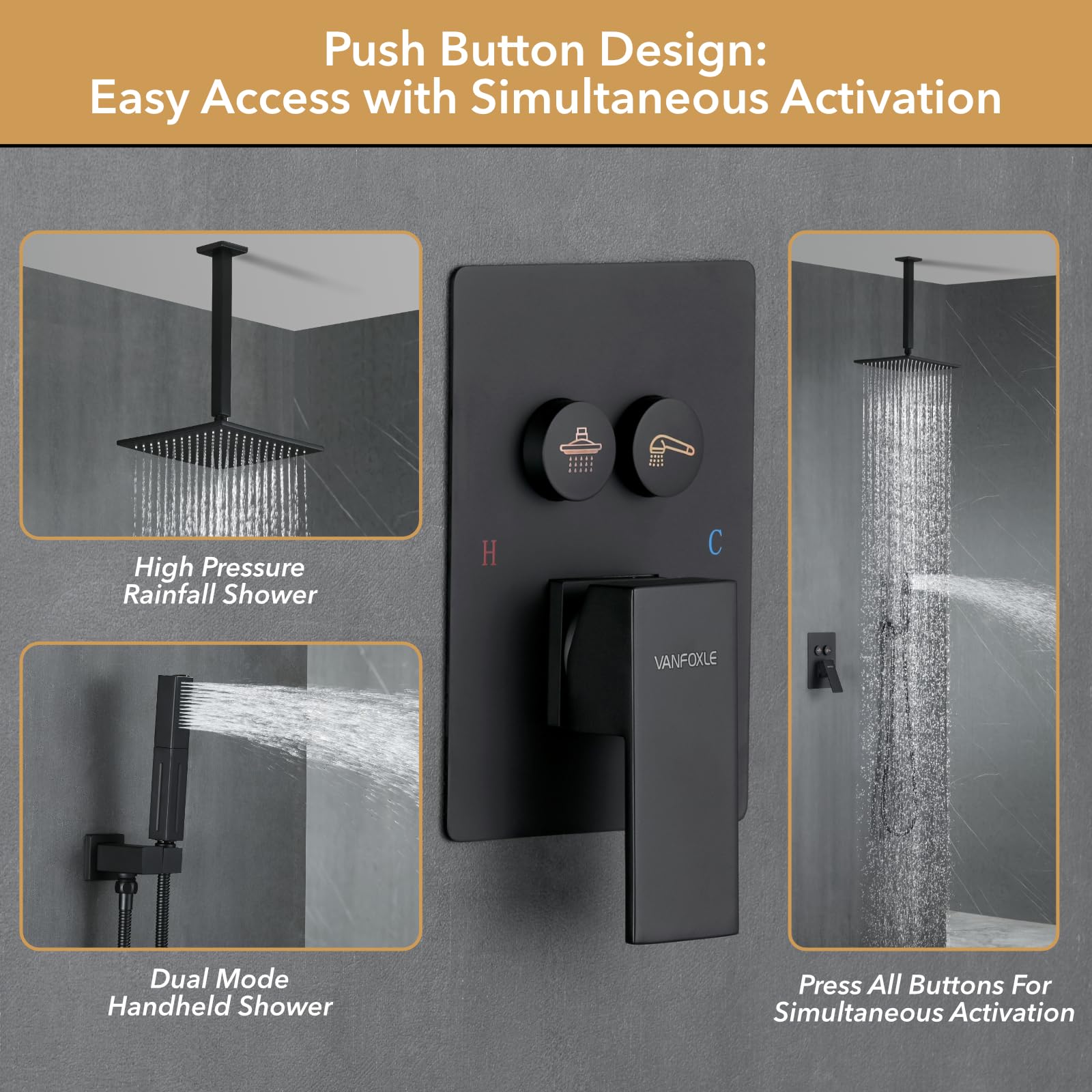 VANFOXLE Matte Black Shower Faucet Set - Ceiling Mounted Push Button Diverter with 2-in-1 Handheld Shower & 10 Inch Rainfall Shower Head - Complete Bathroom Shower System for Modern Home & Spa Experience