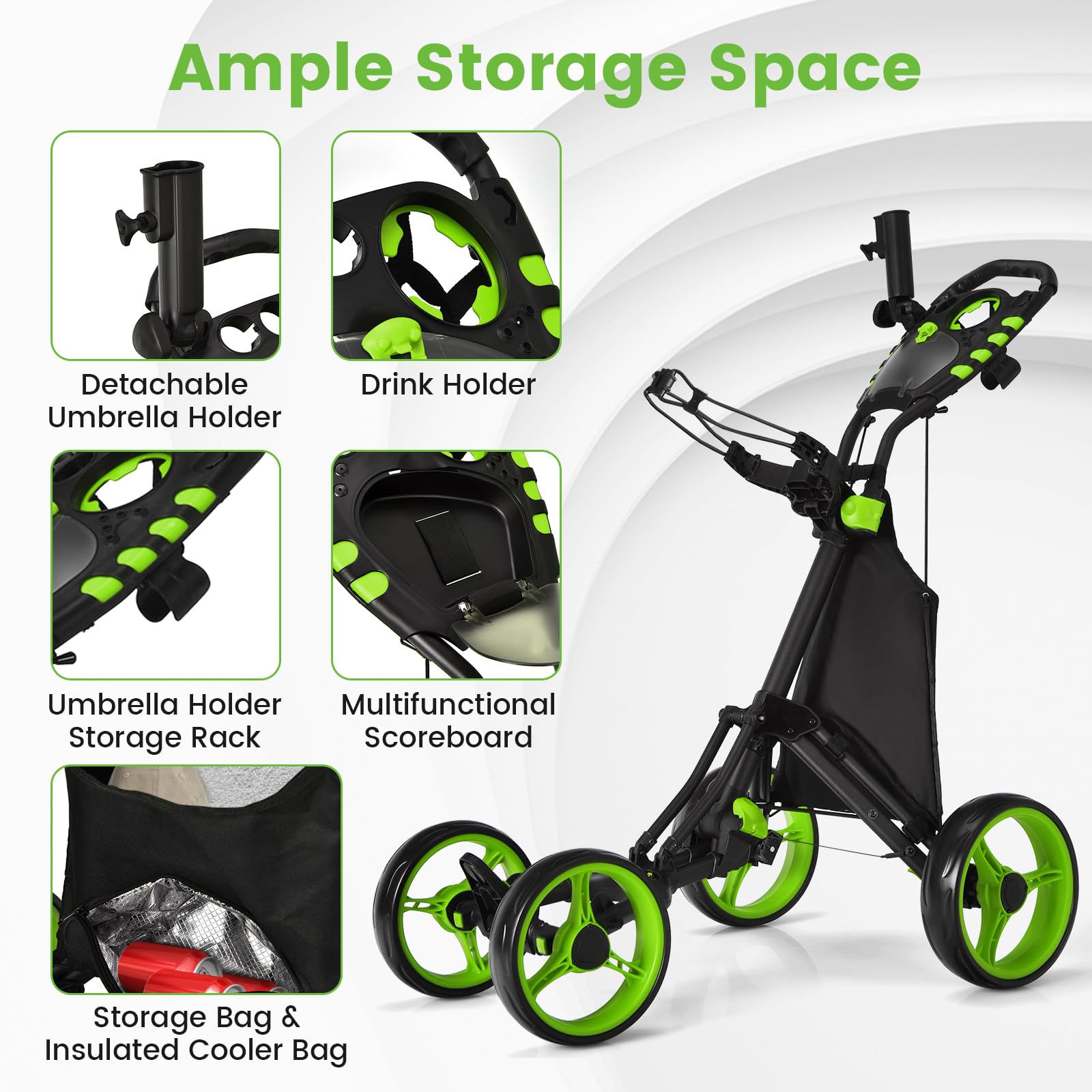 Ultimate 4 Wheel Golf Push Cart - Lightweight Folding Golf Trolley with Scorecard Holder, Cup Holder, Umbrella Mount & Cooler Bag | Adjustable Handle, Foot Brake & Elastic Strap for Golf Bag | Perfect for Course Rounds, Practice Sessions & Tournament Play