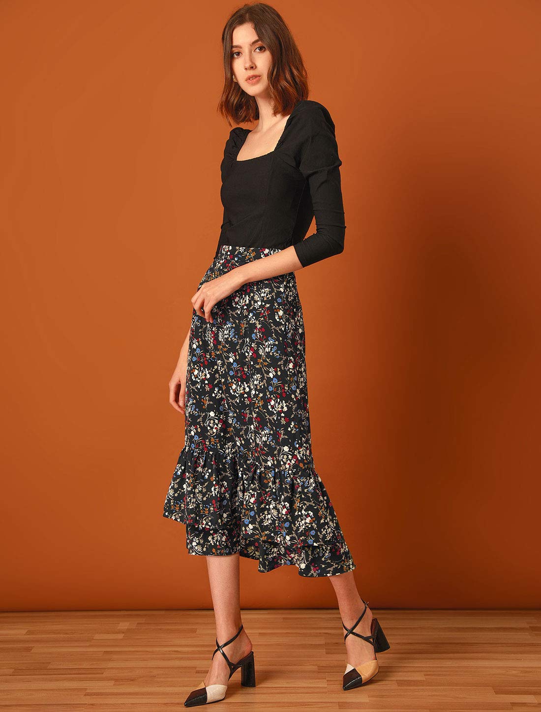 Allegra K Women's Printed Chiffon Midi Skirt - Elastic Waist, Ruffle Tiered Design, Trendy Spring Summer Flowy Skirt for Casual Outings, Beach Vacations & Date Nights