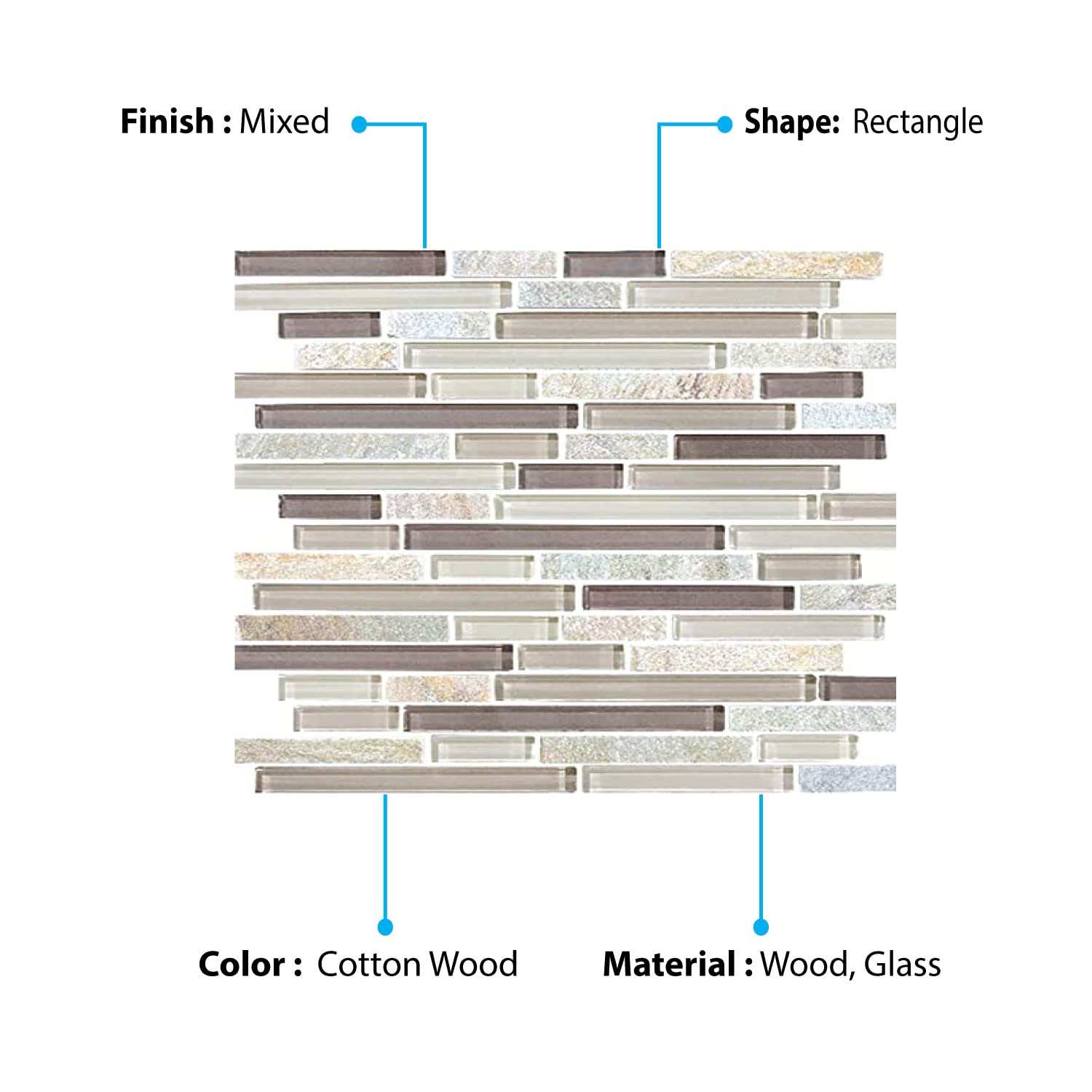 BuildMyplace 12x12 Inch Cotton Wood Random Strip Glass Quartz Blend Mosaic Tile - Peel and Stick Backsplash for Bathroom, Kitchen, Living Room & Dining Room (10 Tiles | Covers 10 sq. ft.) - Easy DIY Home Decor & Wall Accent Upgrade
