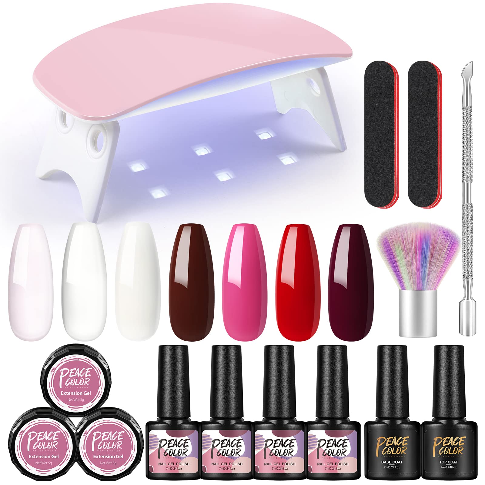 Peacecolor Semi-Permanent Nail Polish & UV Lamp Starter Kit - 4 Gel Polish Colors, 3 UV Builder Gels (Base & Top Coat), Nail Art Tools - Perfect for Home Manicures, Salon Nail Extensions & DIY Nail Designs