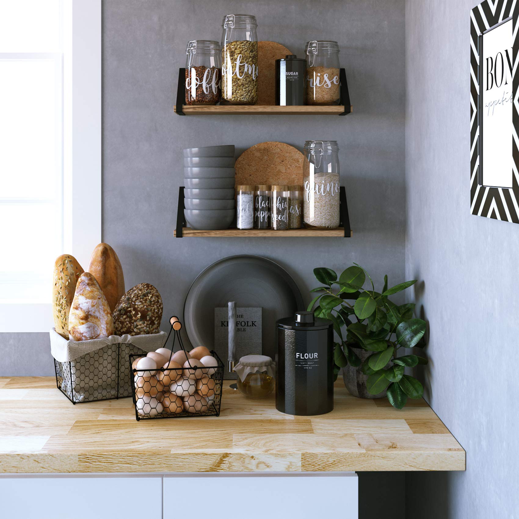 Wallniture Floating Shelves Set of 2 - Rustic Wood Wall Mount Shelves with Black Brackets for Bathroom, Bedroom, Kitchen & Laundry Room Storage | Perfect for Home Decor & Organization | Ideal for Displaying Plants, Books & Decorative Items
