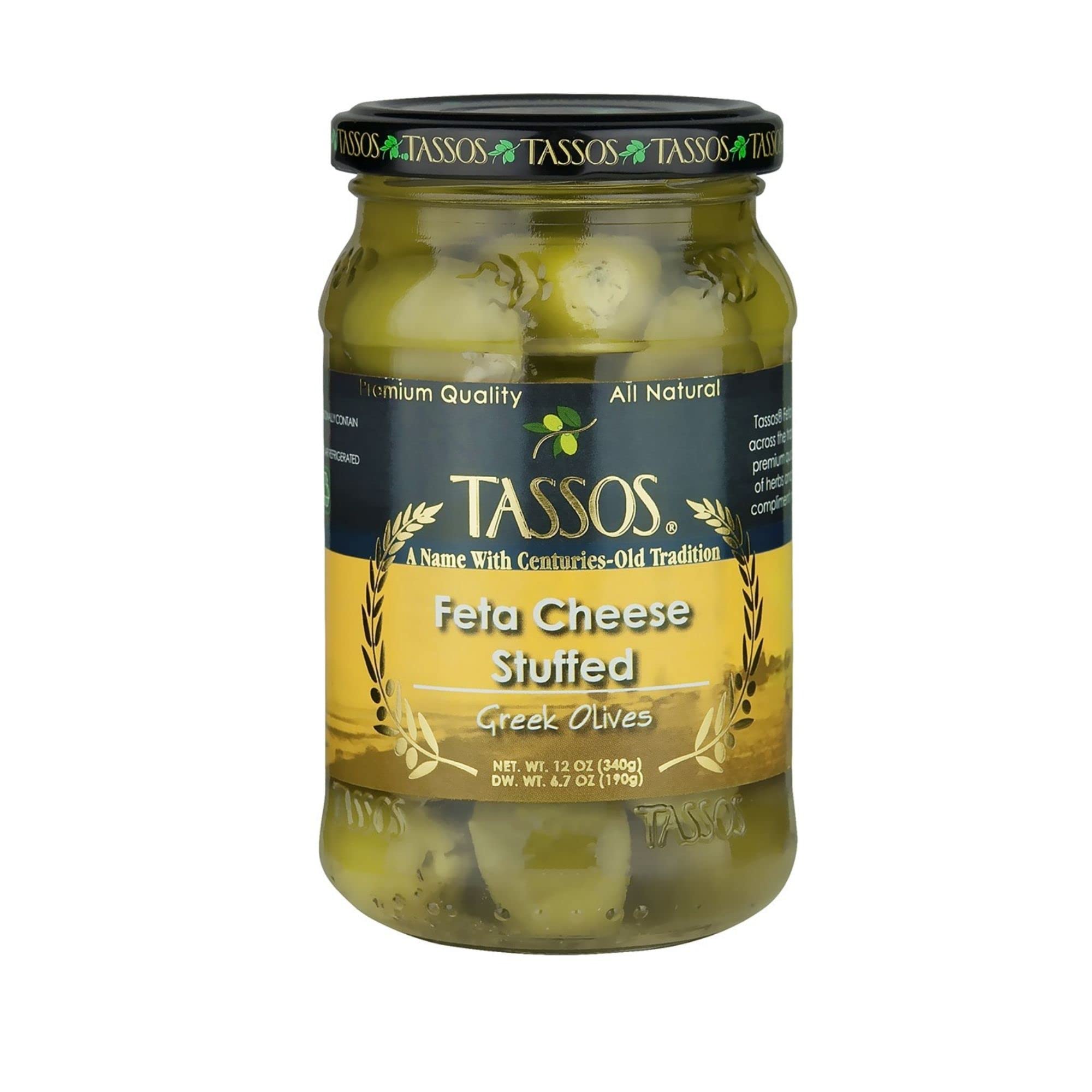 Tassos Stuffed Green Olives with Feta Cheese - 12oz Jar | Premium Mediterranean Snack for Charcuterie Boards, Salads & Cocktail Parties