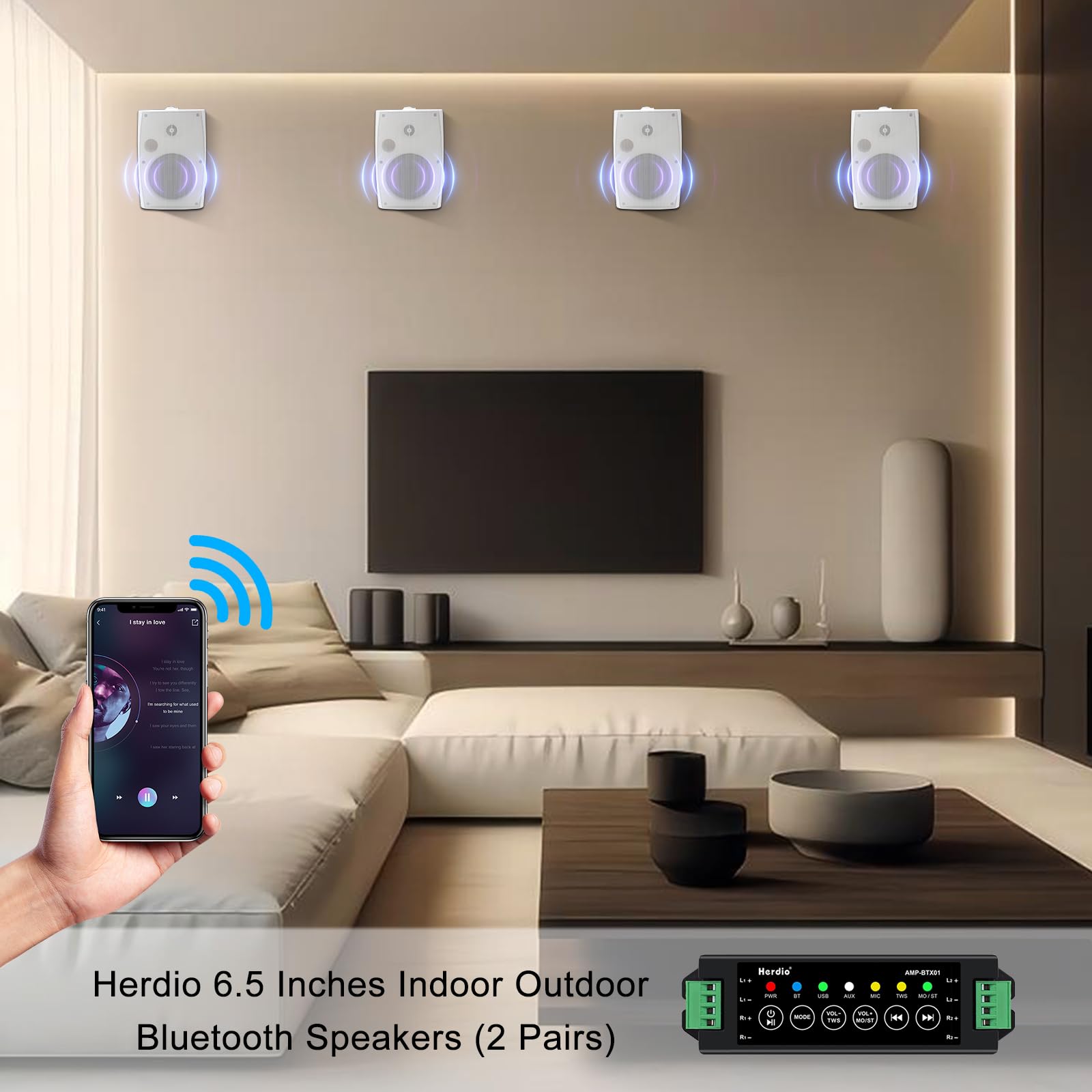 Herdio 6.5 Inch 800W Outdoor Bluetooth Speakers - Waterproof Wireless/Wired Wall Mount Speakers with Multi-Functional Amplifier - Perfect for Patio, Home, Poolside, Deck & Backyard Entertainment (4 Passive Speakers, White)