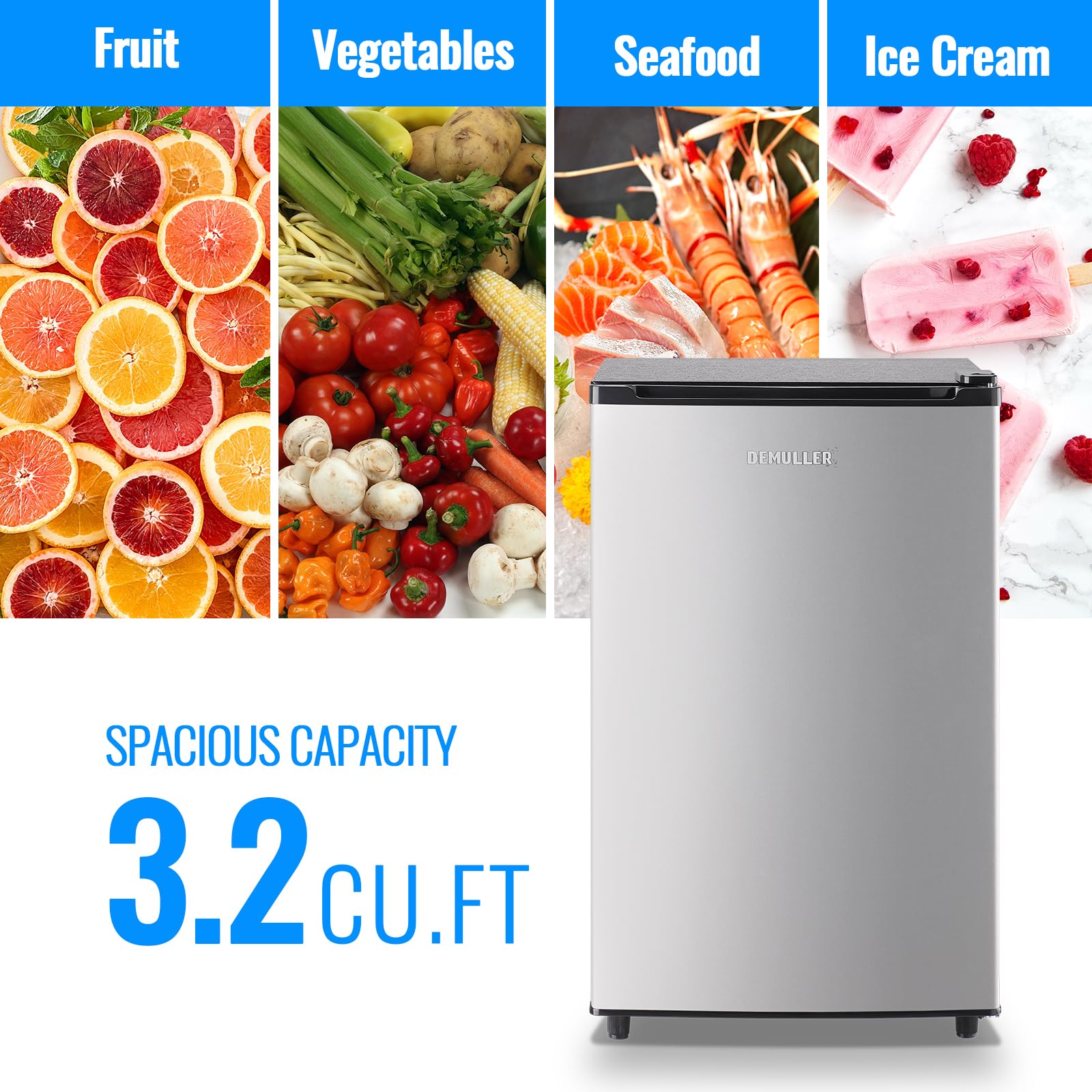 3.2 Cu.Ft Upright Freezer - 7 Adjustable Temperature Settings, Rapid Cooling Technology, Compact Single Door Design for Home, Kitchen, Dorm, Office, RV - Silver (Ideal for Frozen Food Storage & Space Saving)