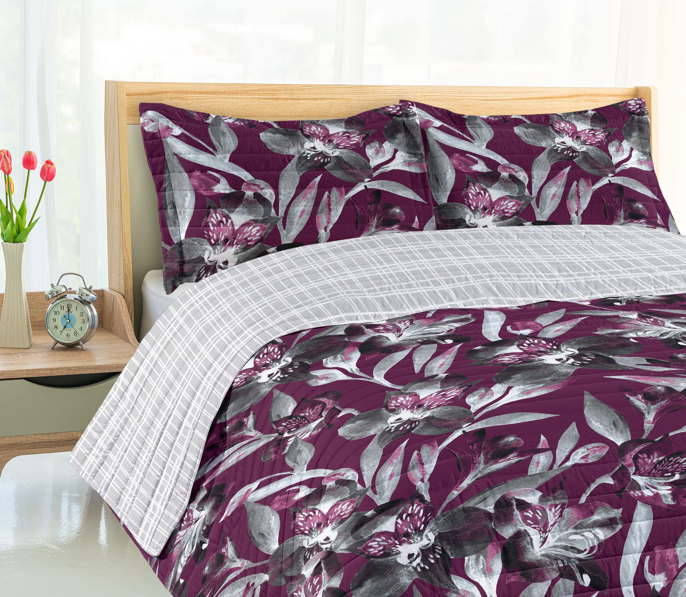 Ambesonne Exotic Reversible King Size Bedspread Set - Tropical Jungle Butterfly Design with Plum Pearl Microfiber Pillow Shams & Comforter | Perfect for Spring Bedroom Decor, Guest Room Makeover, and Boho Chic Home Styling