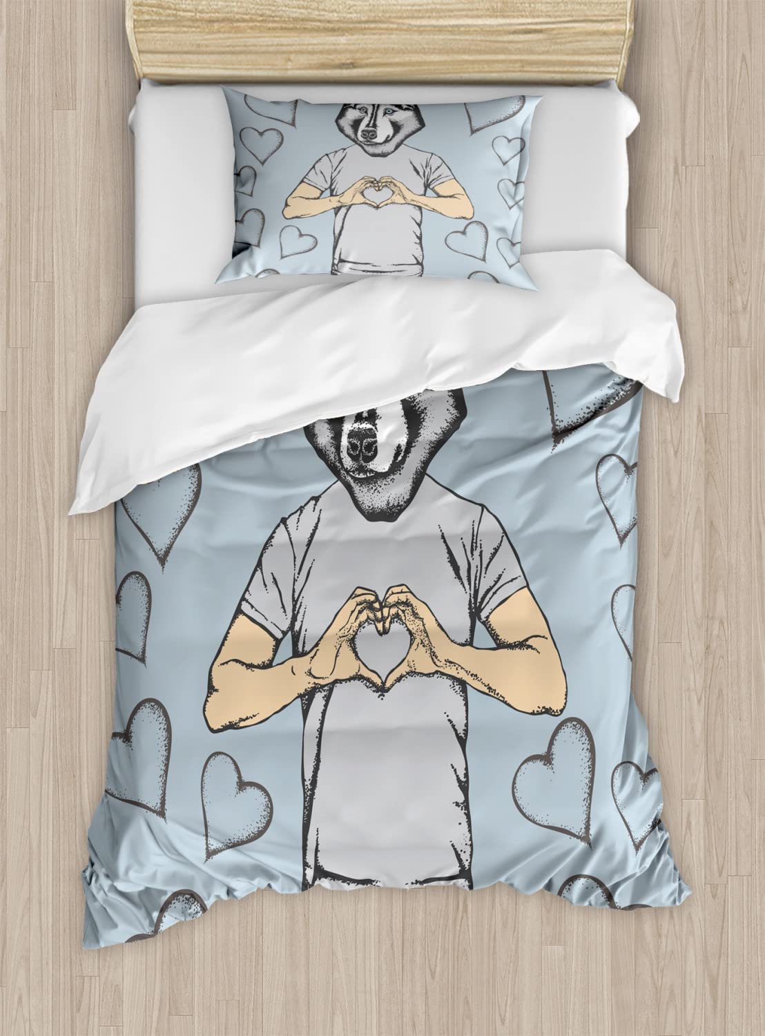 Ambesonne Modern Husky Dog Valentine's Day Duvet Cover Set - Romantic Love Design with Hearts, 2-Pack Queen Size Bedding Set Includes 2 Duvet Covers & 4 Pillowcases in Sand Brown & Slate Blue - Perfect for Couples' Bedroom, Valentine's Gift & Dog Lovers