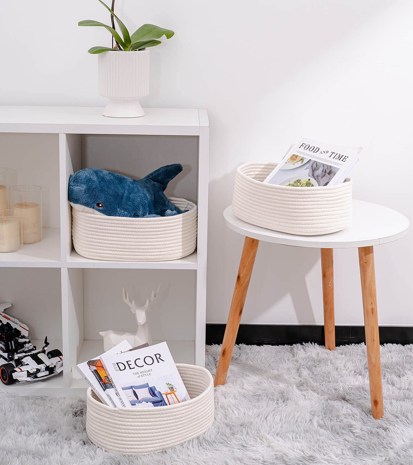 3-Pack Woven Rope Storage Baskets & Bins - White Shelf Organizers for Home, Living Room, Bedroom & Playroom | Perfect for Toys, Blankets & Household Organization