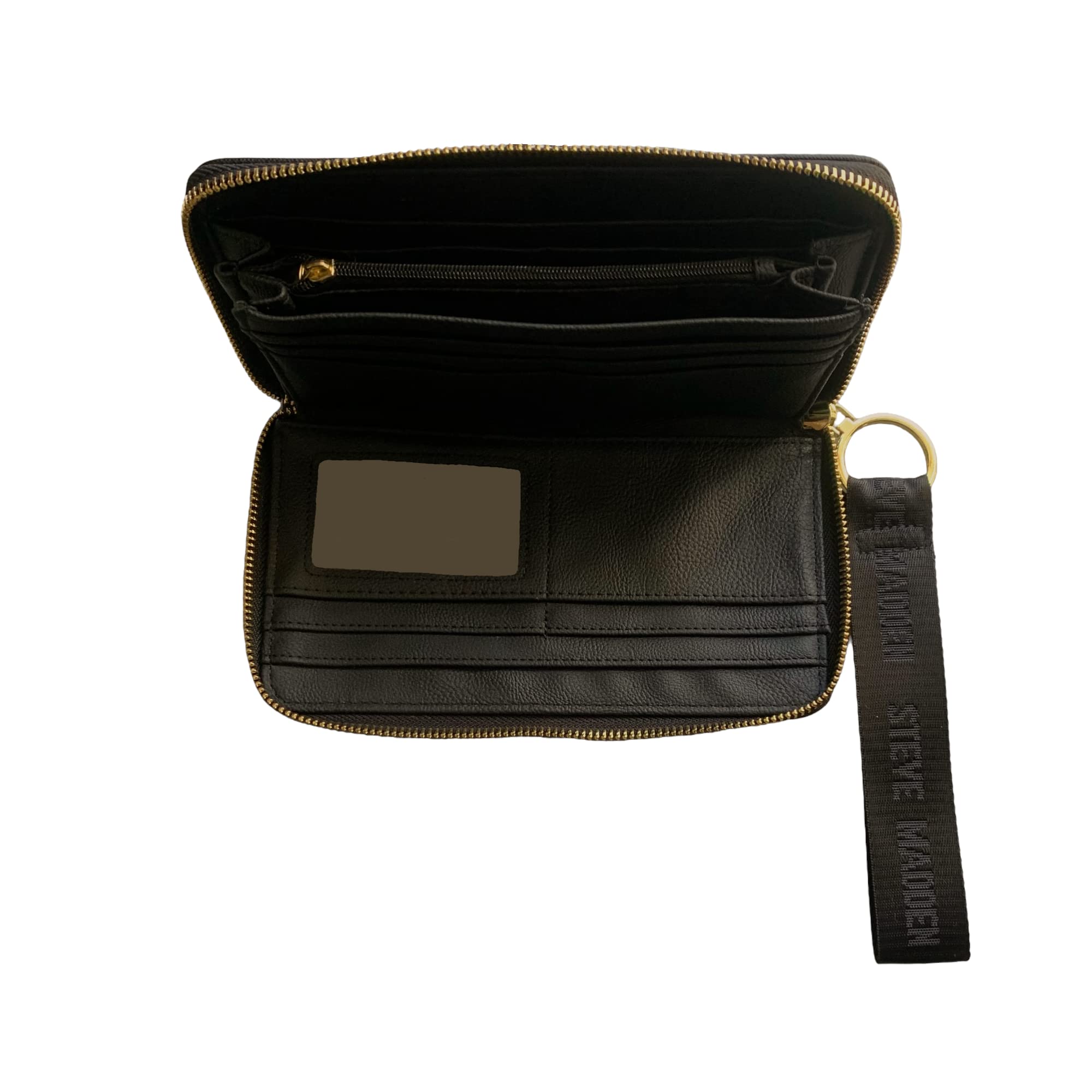 Steve Madden BZIP-WEB Black Leather Wallet Wristlet for Women - Slim RFID Blocking Card Holder with Wrist Strap - Perfect for Parties, Travel & Everyday Use