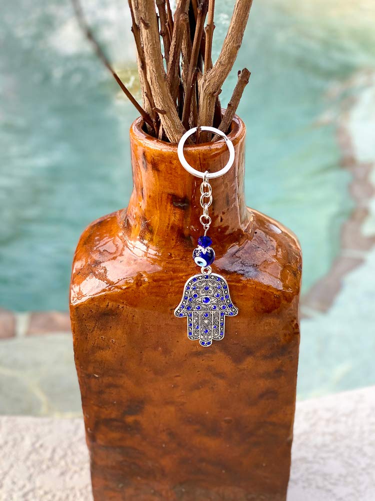 LUCKBOOSTIUM Hamsa Hand Charm with Blue Crystal & Evil Eye Protection - Good Luck Keychain for Home, Bags & Car Mirror - Spiritual Gift for Men & Women (1.5” x 5.5”) - Perfect for Travel, Office Decor & Positive Energy
