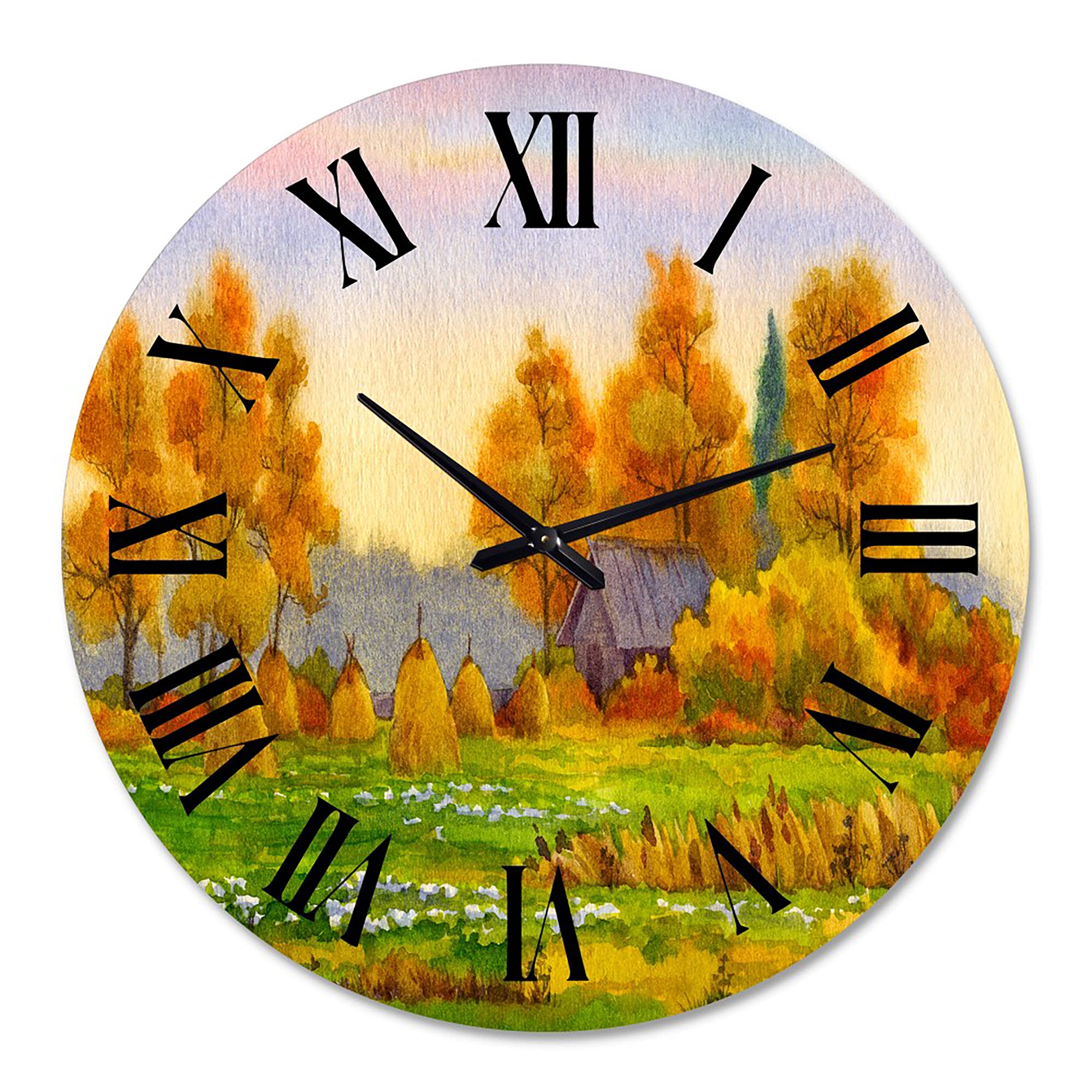 DesignQ Lake House Wall Clock 'Haystacks On Orange Fields I' - Large Landscape Nature Wall Clock for Home & Office Decor - Perfect for Living Room, Bedroom, Kitchen, and Workspace
