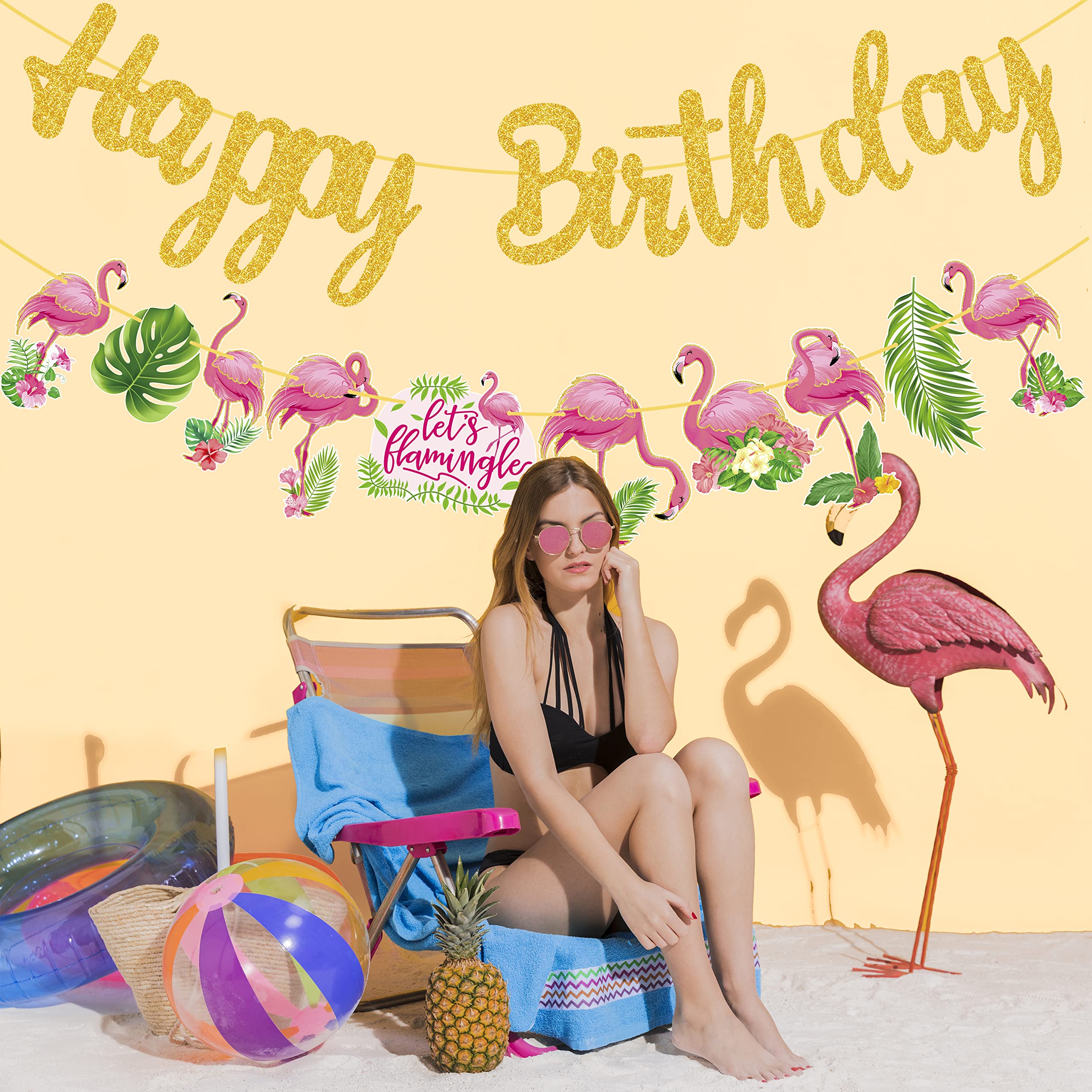 Flamingo Birthday Party Banner - Gold Glitter Happy Birthday Decor for Tropical Luau & Hawaii Theme Party Supplies | Perfect for Beach, Poolside & Summer Birthday Celebrations
