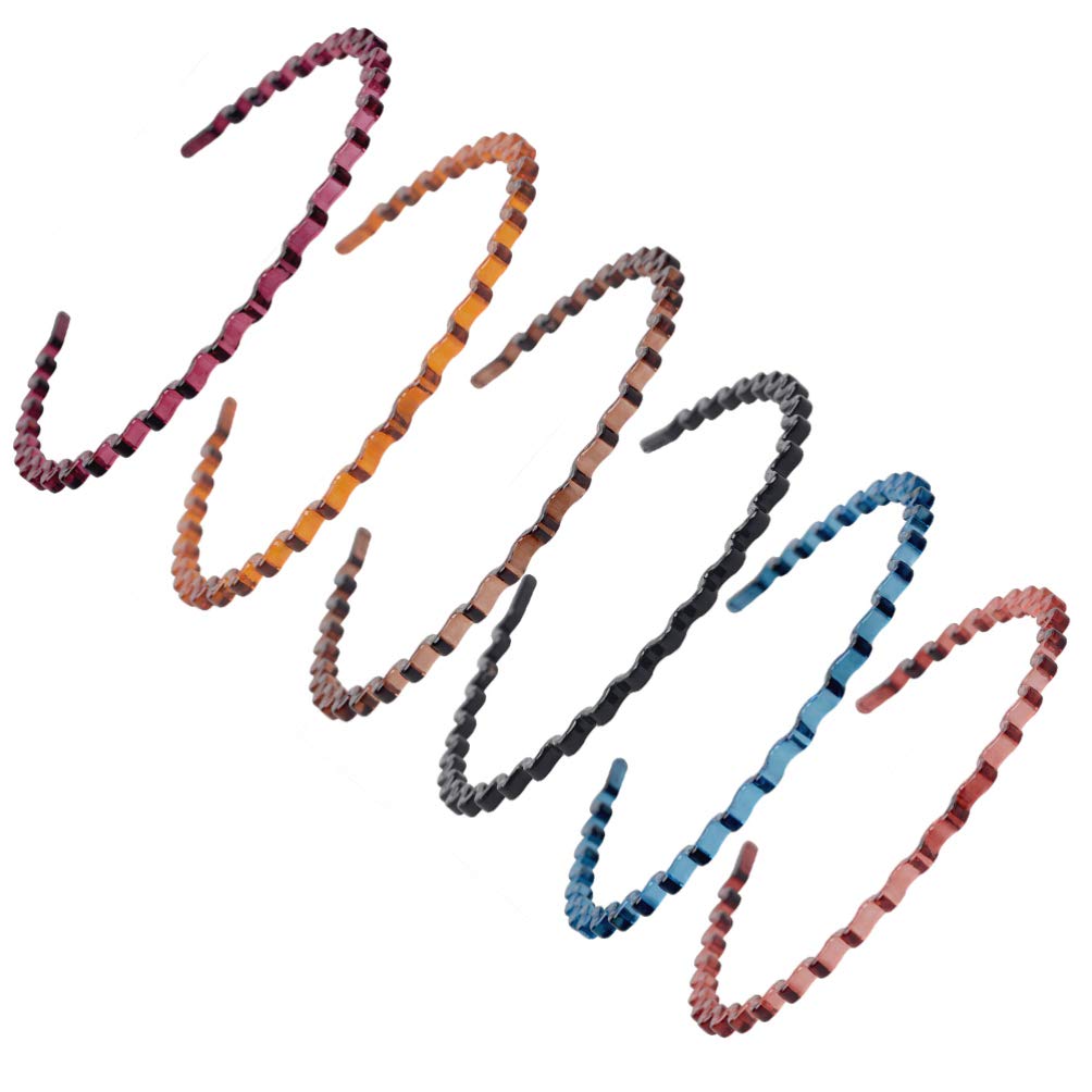 6-Pack Metal Headbands for Men & Women - Wavy Hair Hoops, Instant Noodle Hair Ties, Wash Headbands - Durable Plastic Yoga Hair Accessories for Sports, Workouts, and Everyday Use