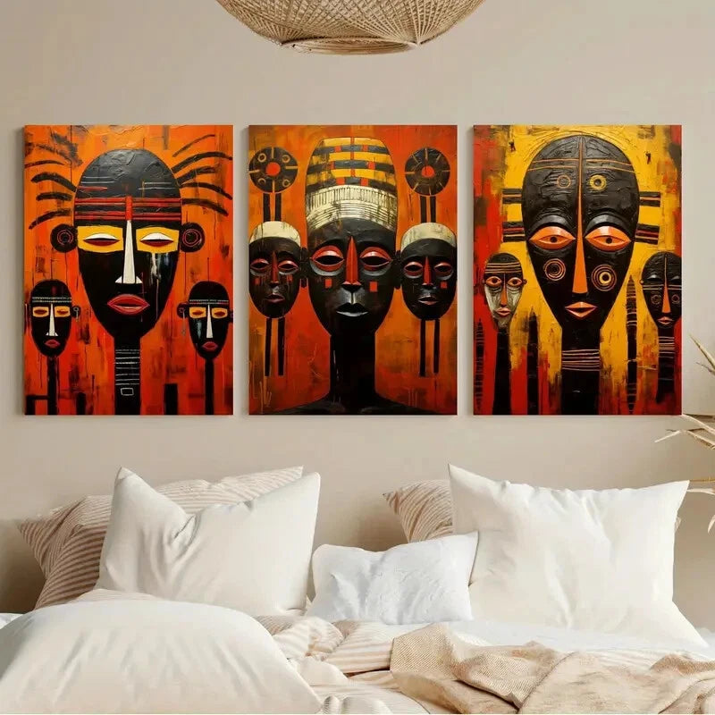 3-Piece Abstract African Tribal Metal Wall Art - Ready to Hang Canvas Prints for Living Room, Bedroom & Office Decor
