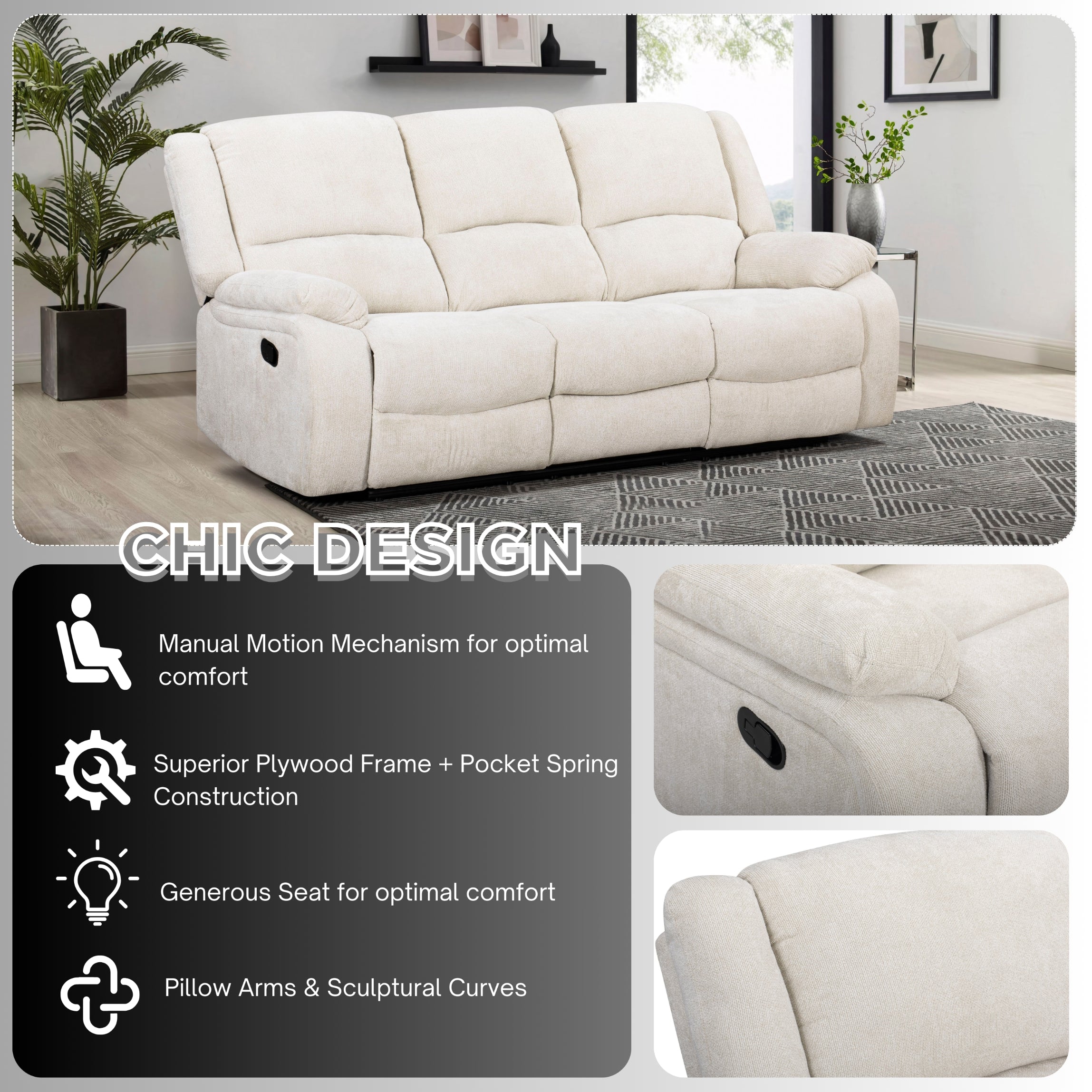 Roundhill Furniture Blitz Transitional Manual Reclining Sofa - Comfortable Living Room Couch for Small Spaces, Apartment & Home Theater Seating