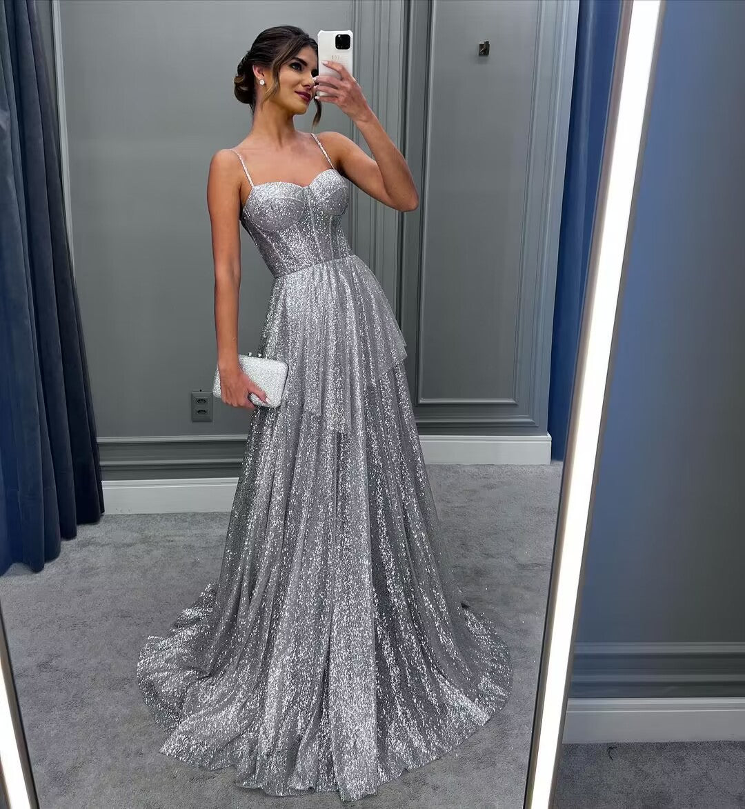 Elegant A-Line Spaghetti Straps Silver Shiny Long Prom Dress J2745 - Perfect for Homecoming, Formal Dances & Special Occasions