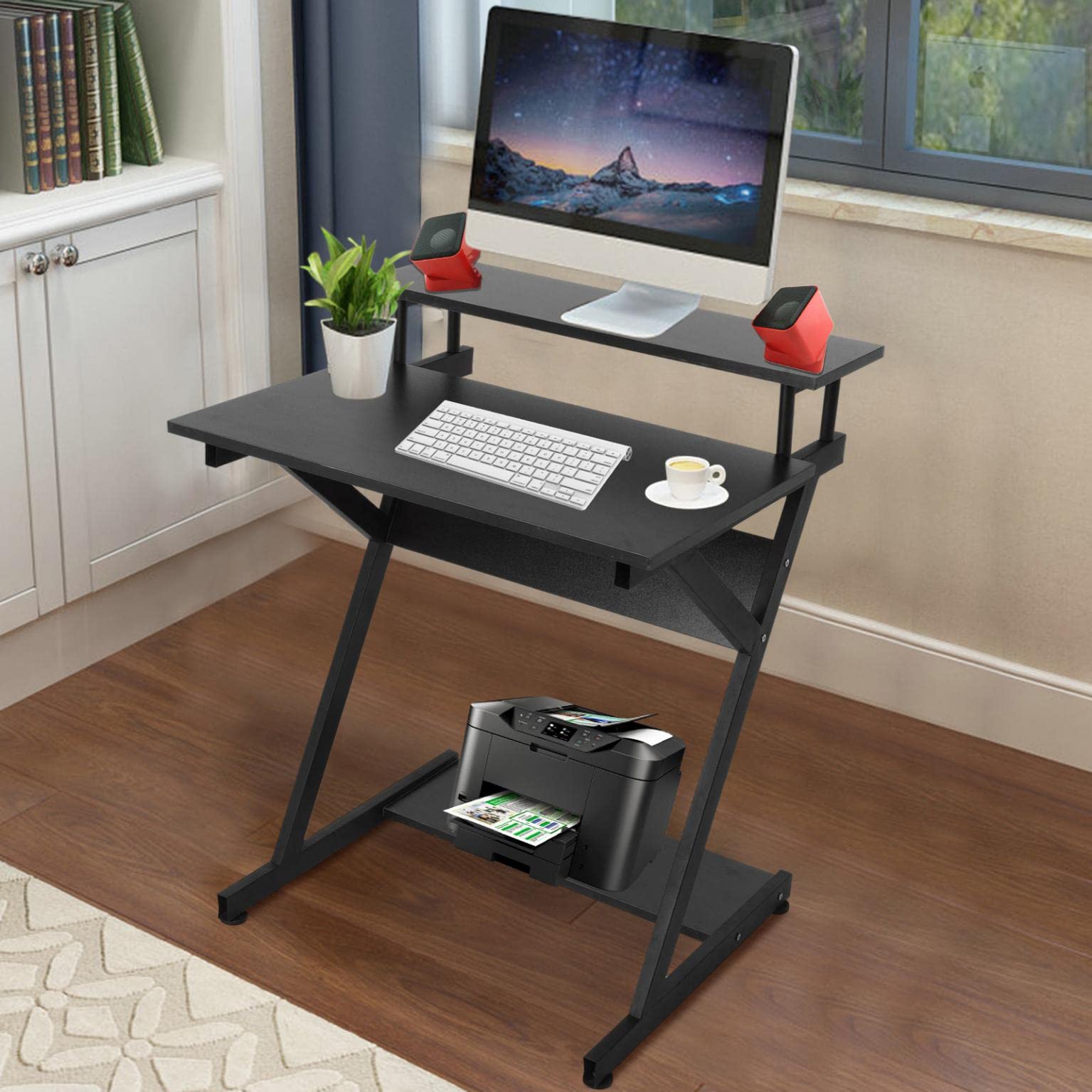 Compact Small Office Desk for Small Spaces - Corner Desk with Shelves, Distressed Writing Desk & Study Desk | Home Office Computer Desk in Black | Perfect for Apartments, Dorms & Cozy Workspaces