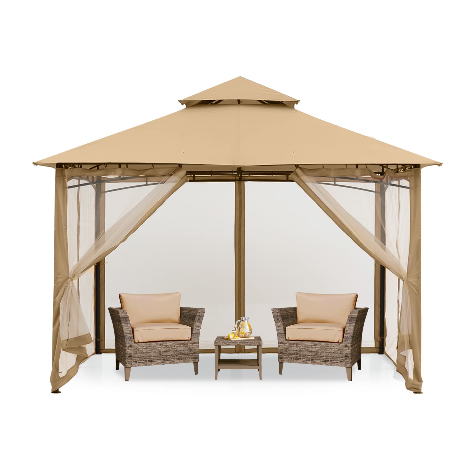 MASTERCANOPY 8x8 Beige Outdoor Garden Gazebo with Sturdy Steel Frame & Mesh Netting Walls - Perfect for Patios, Backyards, BBQs, and Outdoor Relaxation