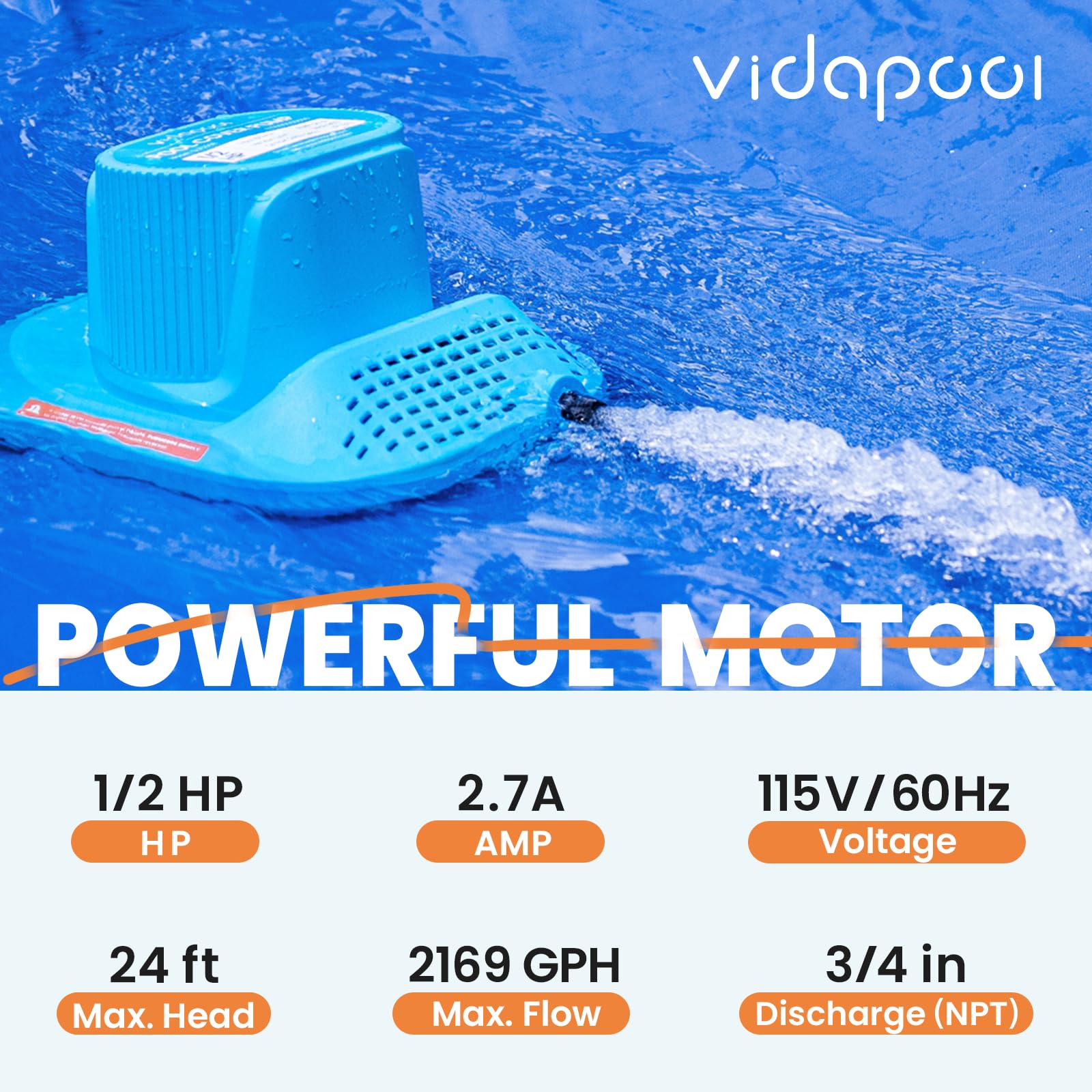 1/2 HP Automatic Pool Cover Pump - Submersible Sump Pump for Inground/Above Ground Pools - 2169 GPH Water Removal with 25ft Cord - Ideal for Swimming Pools, Ponds, Basements & Window Wells - Heavy Duty Water Drainage Solution for Home & Outdoor Use
