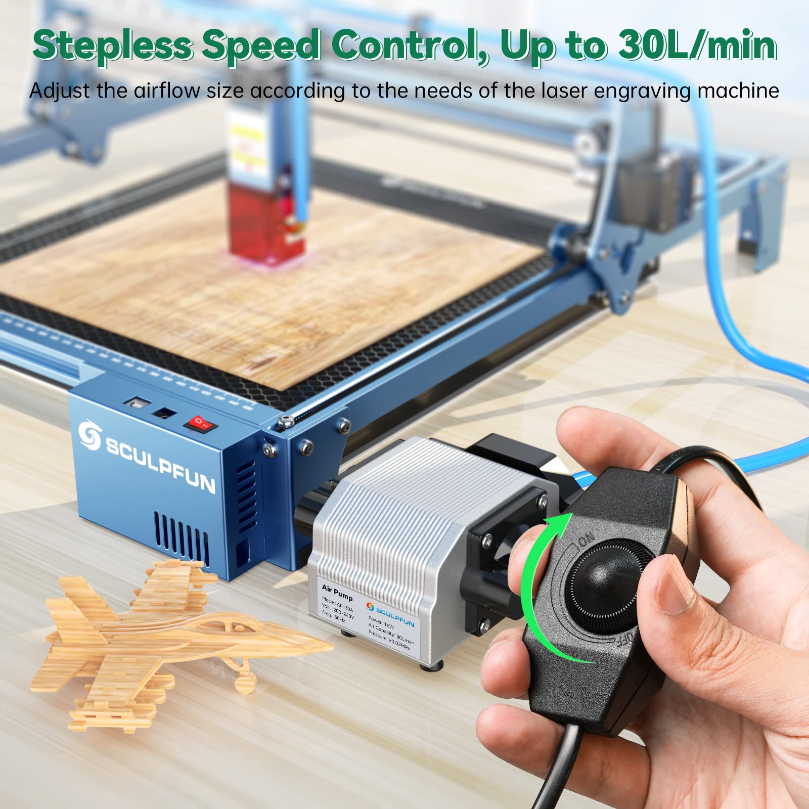 SCULPFUN S10 Air Assist Kit - Adjustable 0-30L/Min Air Flow, Low Noise Laser Engraver Accessory for Wood, Metal, Acrylic Cutting & Engraving | Perfect for DIY Crafts, Sign Making & Jewelry Design