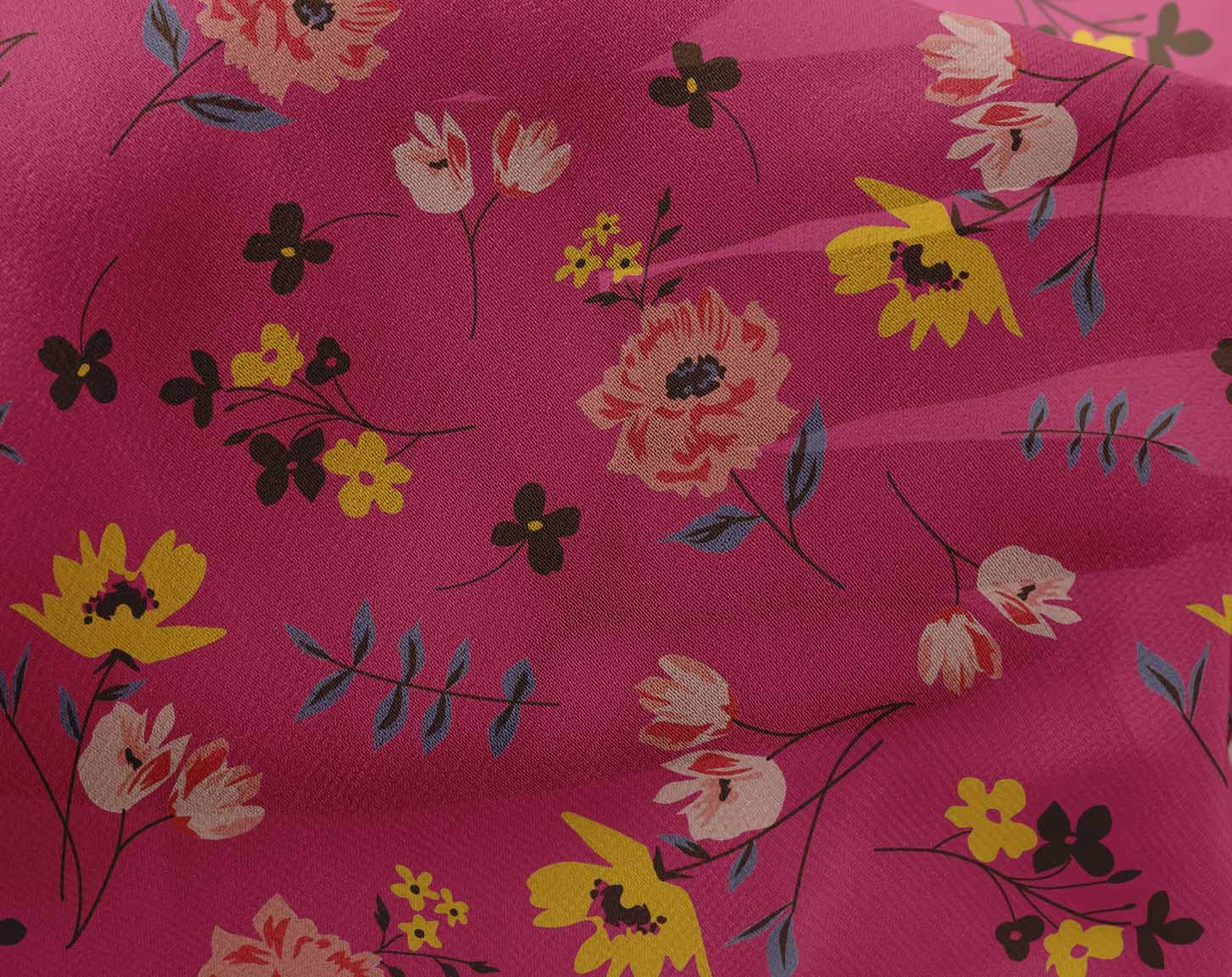 oneOone Georgette Viscose Pink Floral Fabric with Leaves & Flowers Design - 42 Inch Wide Dress Material by The Yard | Perfect for Summer Dresses, Blouses, and DIY Fashion Projects