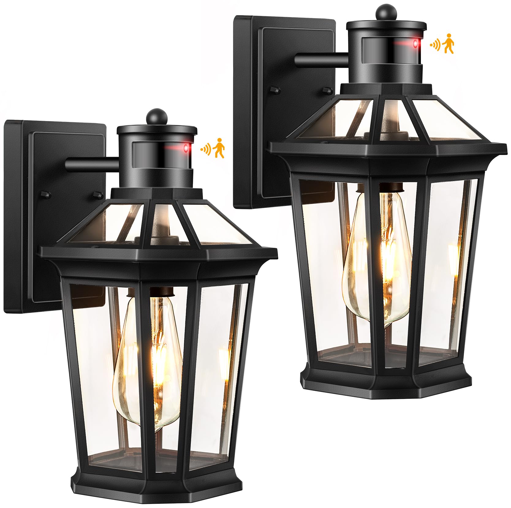 VIANIS 2 Pack Black Weatherproof Outdoor Wall Lights with Motion Sensor & Dusk to Dawn Auto On/Off - Energy Efficient LED Porch Lanterns for House Exterior, Garden, Patio, and Front Door Security Lighting