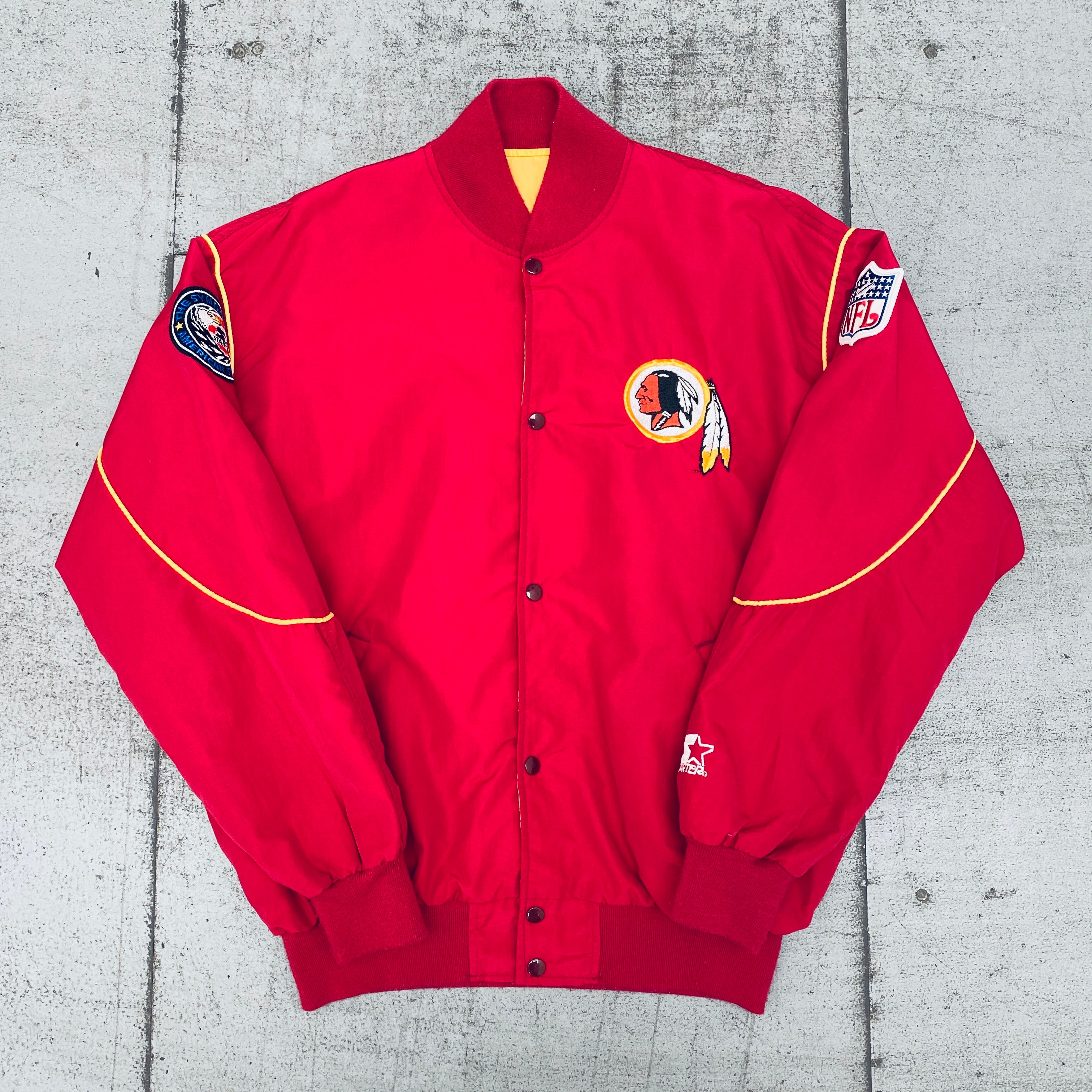 Vintage 1990s Washington Redskins Starter Bomber Jacket with NASA Patch - XL Size | NFL Football Fan Collectible & Retro Outerwear for Men | Perfect for Game Day, Cosplay, and Vintage Fashion Enthusiasts