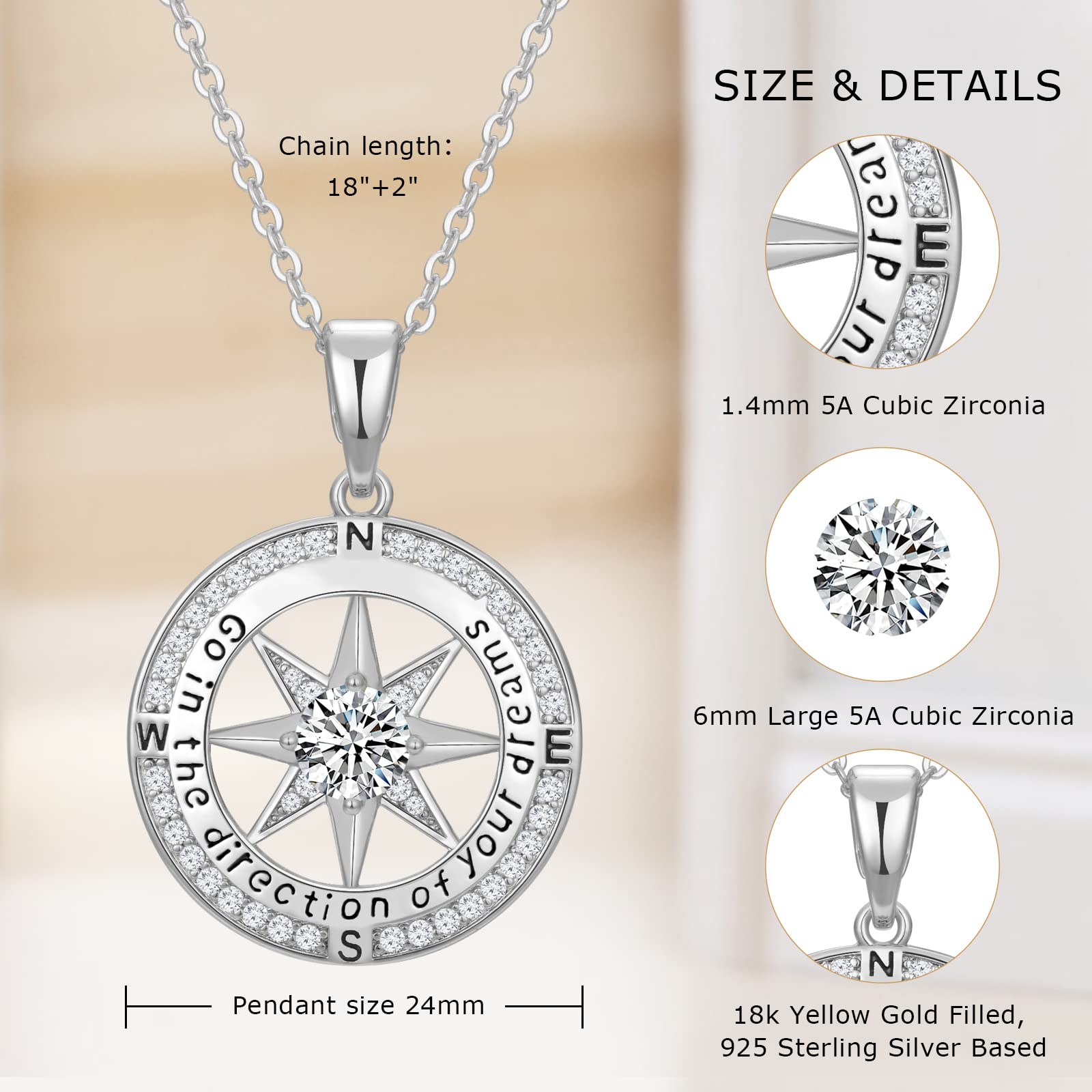 Graduation Gifts for Women - 18K Gold Filled 925 Sterling Silver Inspirational Compass Necklace Jewelry for High School & College Graduates - Perfect Gift for Friends & Daughters with Congrats Grad Box & Gift Card - Ideal for Commencement Ceremonies, Graduation Parties & Special Occasions