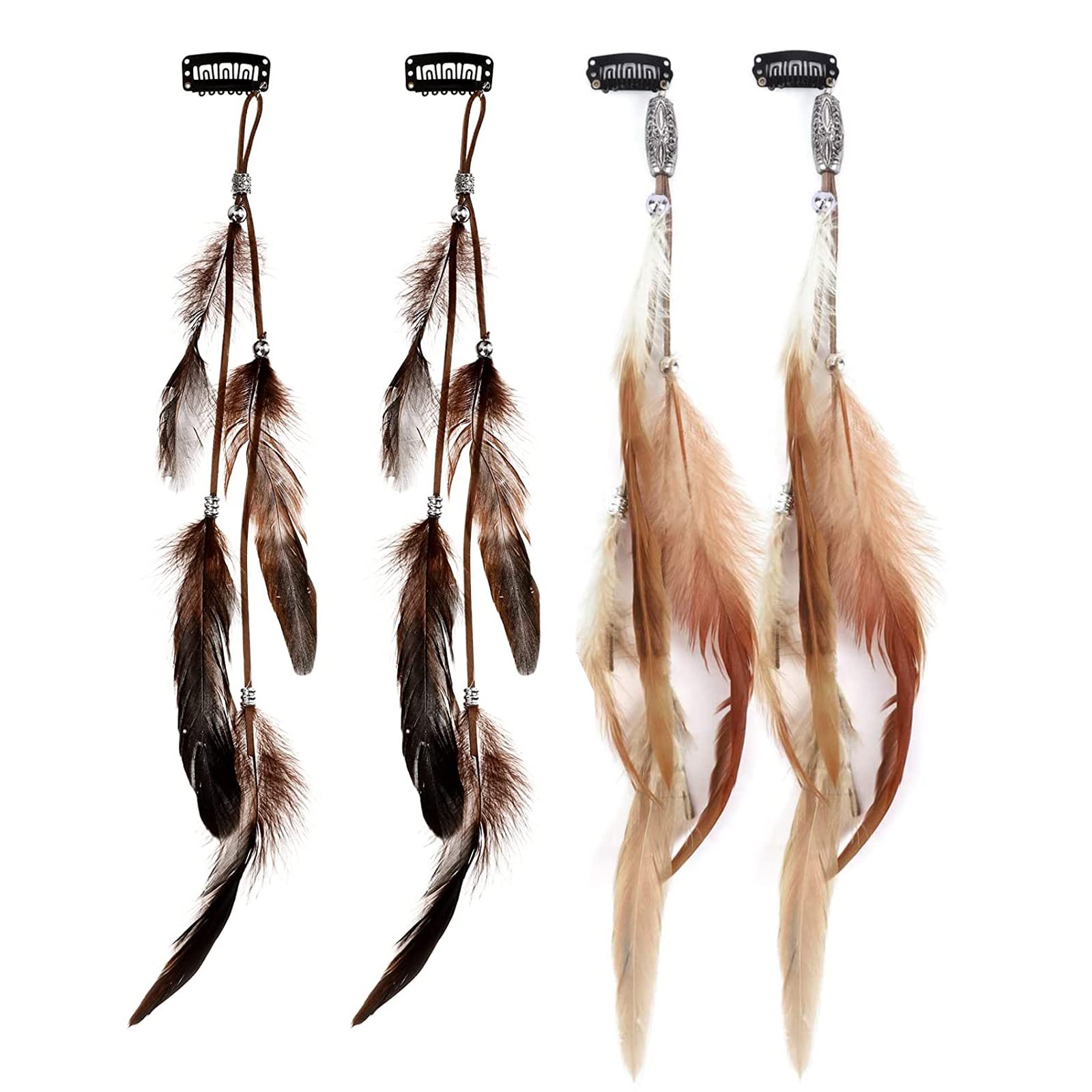 MWOOT 4Pcs Boho Feather Hair Clips for Women - Handmade Hippie Hair Accessories with Clip Comb & Indian Tassel Beads - Festival Headdress for Coachella, Raves, Concerts & Costume Parties (Brown Khaki)