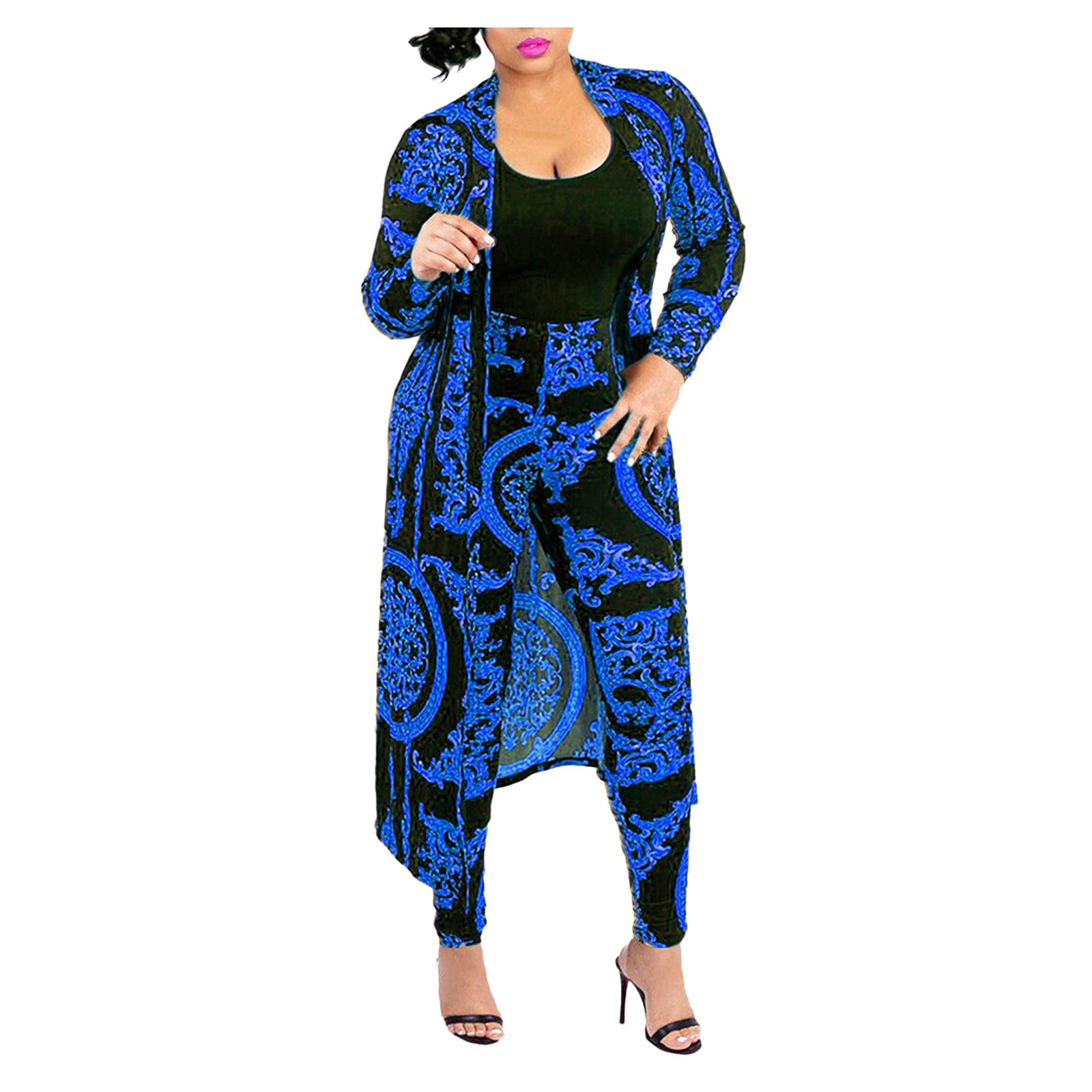 Women's Sexy 2-Piece Jumpsuit Outfit - Long Sleeve Floral Open Front Cardigan & Pants Set | Clubwear, Date Night, Party Outfit