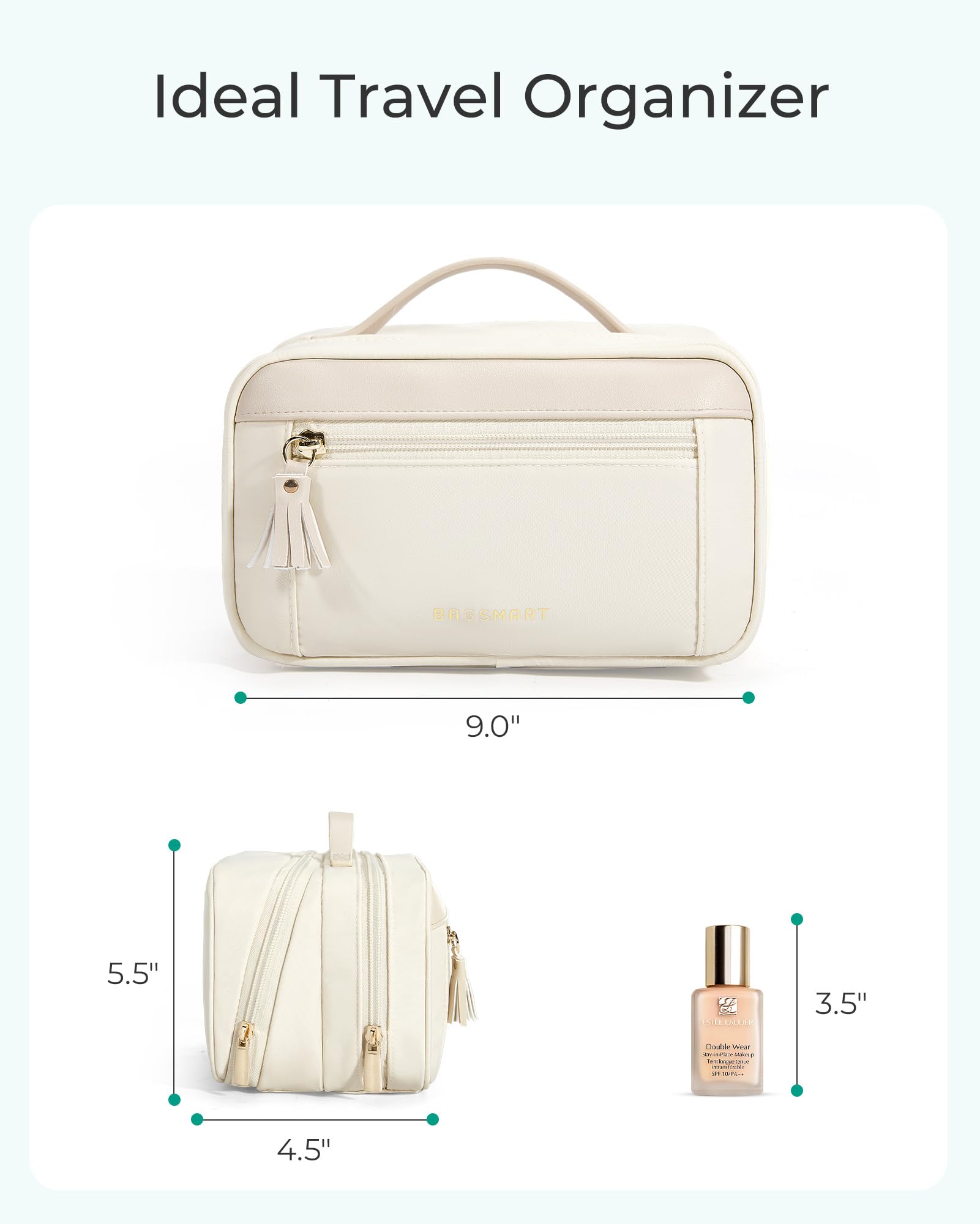 BAGSMART Large Travel Makeup Bag for Women - Spacious Cosmetic Organizer with Wide Opening, Perfect for Travel Essentials, Toiletries, Brushes & Bottles | Portable Makeup Case for Vacation, Business Trips & Daily Use (Champagne)