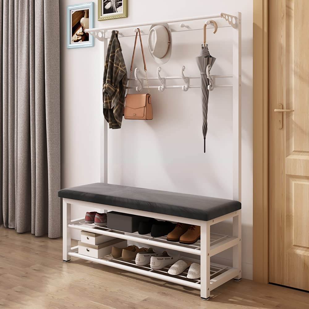 3-in-1 Freestanding Coat Rack with Bench & 10 Hooks - Metal Hall Tree Shoe Storage Organizer for Entryway, Bedroom, Closet (100/80/60x33x172cm) - Space-Saving Solution for Small Apartments & Dorm Rooms