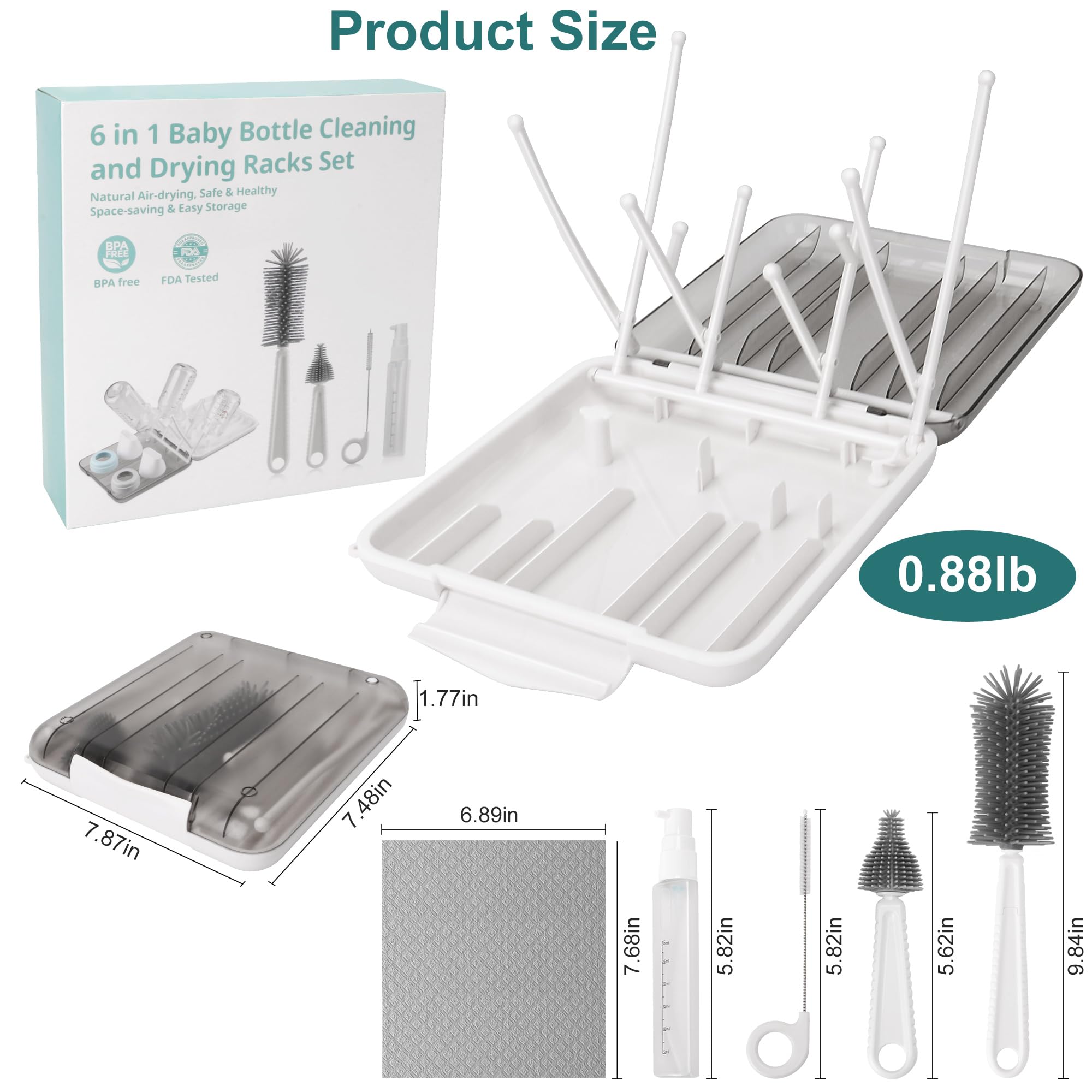 7-in-1 Baby Bottle Cleaning Kit with Silicone Brush, Nipple Cleaner, Straw Brush, Soap Dispenser & Drying Rack | Portable Travel Essentials for Infant Feeding | Perfect for Home, Daycare & On-the-Go Parents (White)