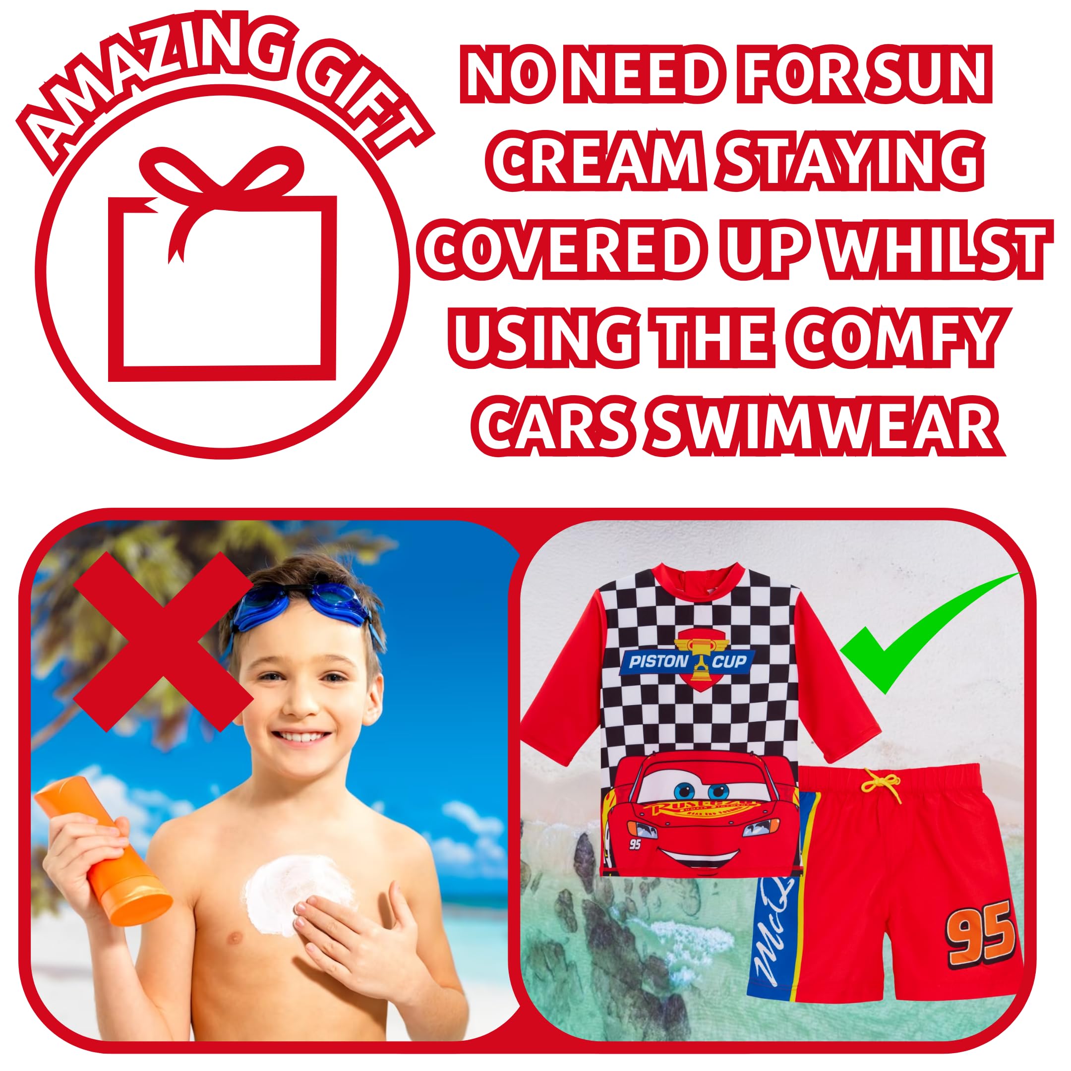 Lightning McQueen Boys 2-Piece Swim Set - Quick-Dry Rash Guard & Board Shorts for Kids - Perfect for Swimming, Surfing & Beach Play