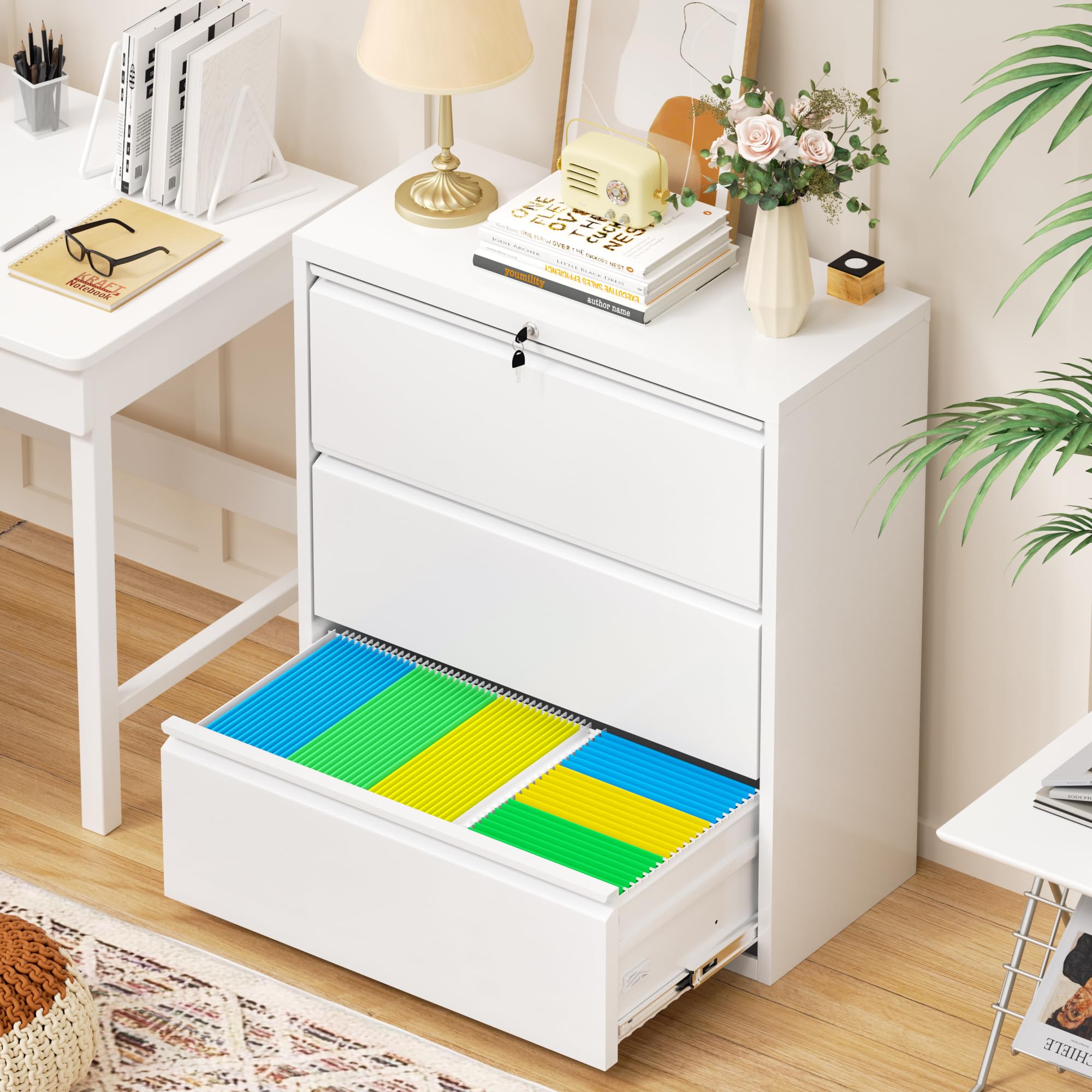 Bonusall 3-Drawer Locking Lateral File Cabinet - White Metal Office Storage with Keys for Documents, Folders & Supplies | Perfect for Home Office, Business & School Organization