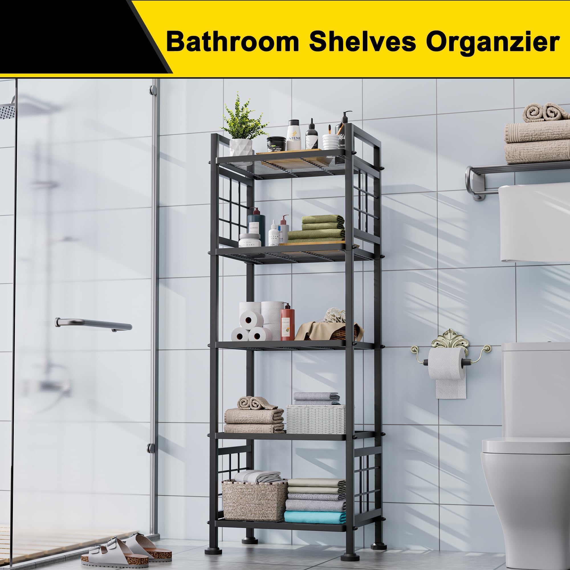 GIOTORENT 5-Wire Standing Storage Shelves - Heavy Duty Metal Shelving Unit for Pantry, Laundry, Kitchen & Bathroom Organization (Black) | Perfect for Home Storage, Garage Shelving & Closet Organizer