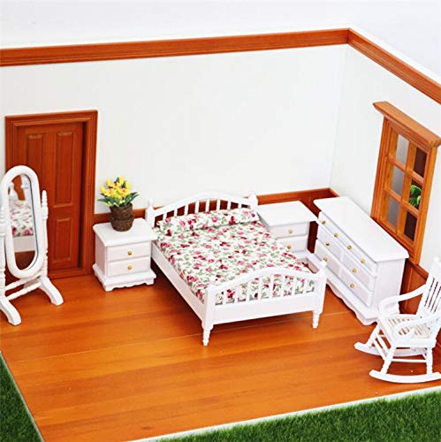 1:12 Scale Miniature Dollhouse Furniture Set - Bed, Wardrobe, Chair & Dressing Mirror | Realistic Mini Home Decor for Dollhouse, Model House Display, DIY Crafts & Collectibles